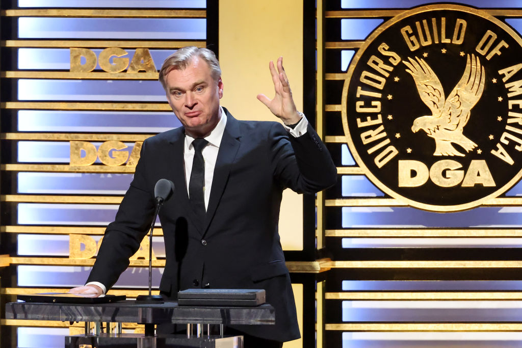 BEVERLY HILLS, CALIFORNIA - FEBRUARY 10: Christopher Nolan accepts a Directors Guild of America Feature Film Medallion for “Oppenheimer” onstage during attends the 76th Directors Guild of America Awards at The Beverly Hilton on February 10, 2024 in Beverly Hills, California. (Photo by Amy Sussman/Getty Images for DGA)