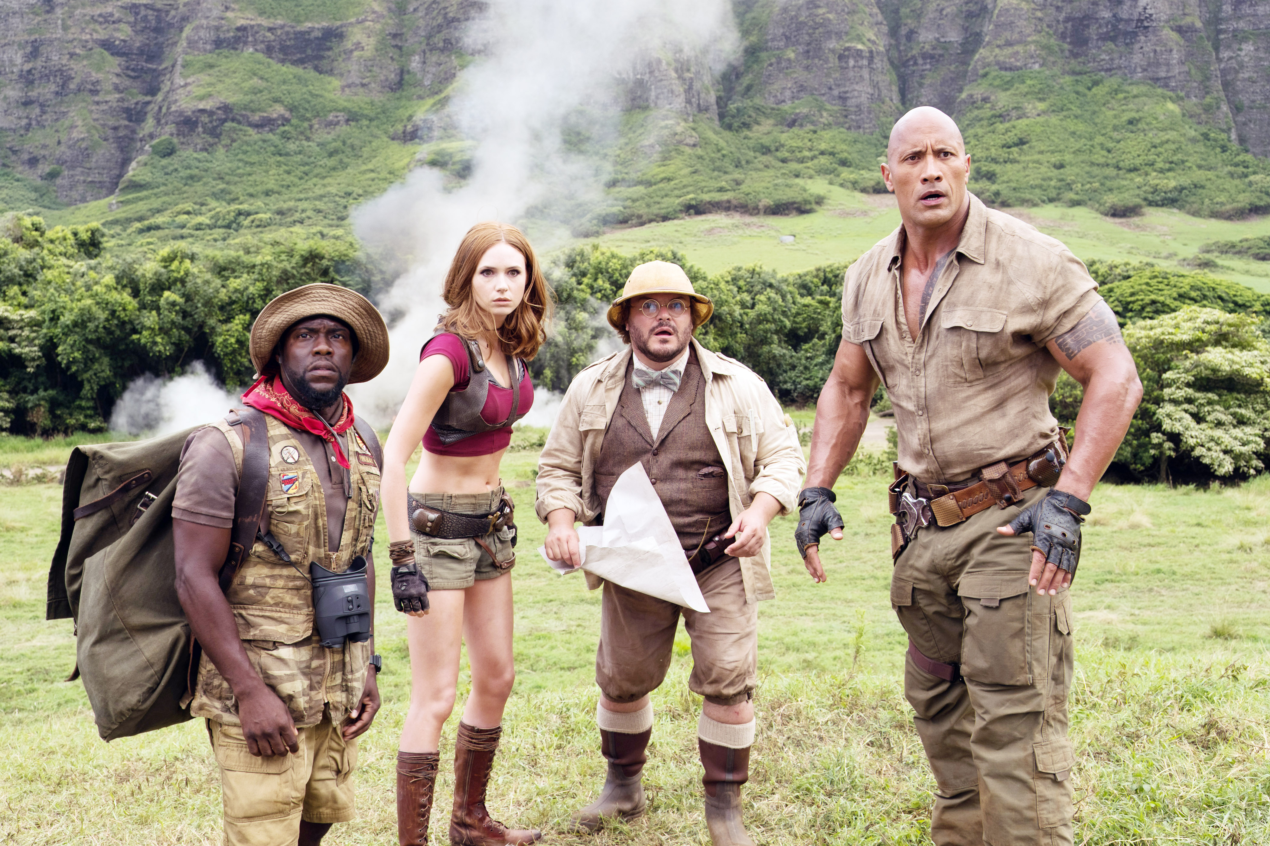 JUMANJI: WELCOME TO THE JUNGLE, (aka JUMANJI), l-r: Kevin Hart, Karen Gillan, Jack Black, Dwayne Johnson, 2017. ph: Frank Masi/© Columbia Pictures /Courtesy Everett Collection
