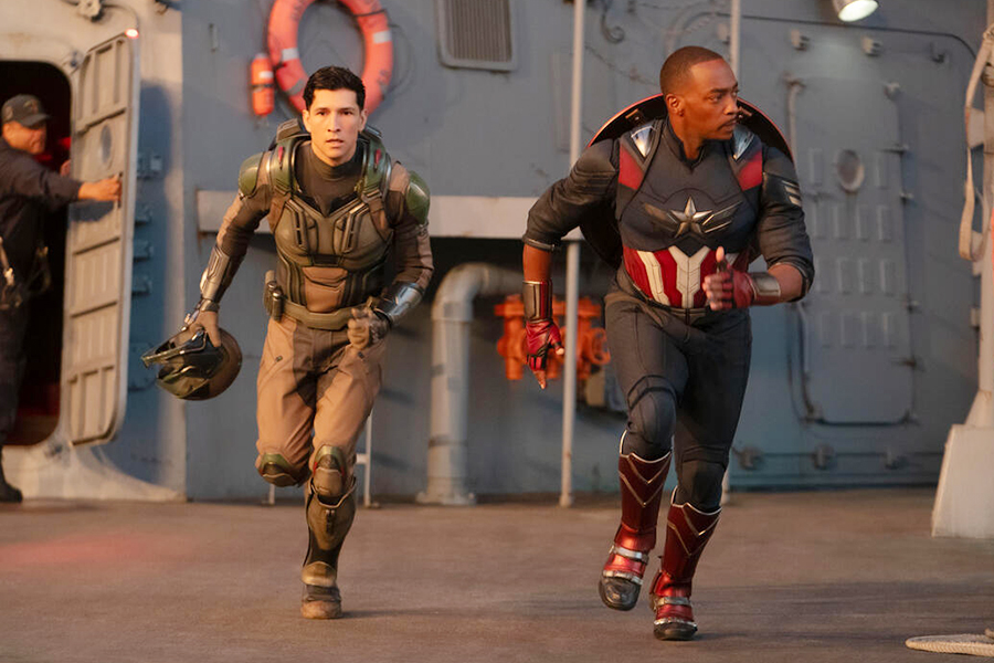 (L-R) The Falcon/Joaquin Torres (Danny Ramirez) and Captain America/Sam Wilson (Anthony Mackie) in Marvel Studios' CAPTAIN AMERICA: BRAVE NEW WORLD. Photo by Eli Adé. © 2024 MARVEL.