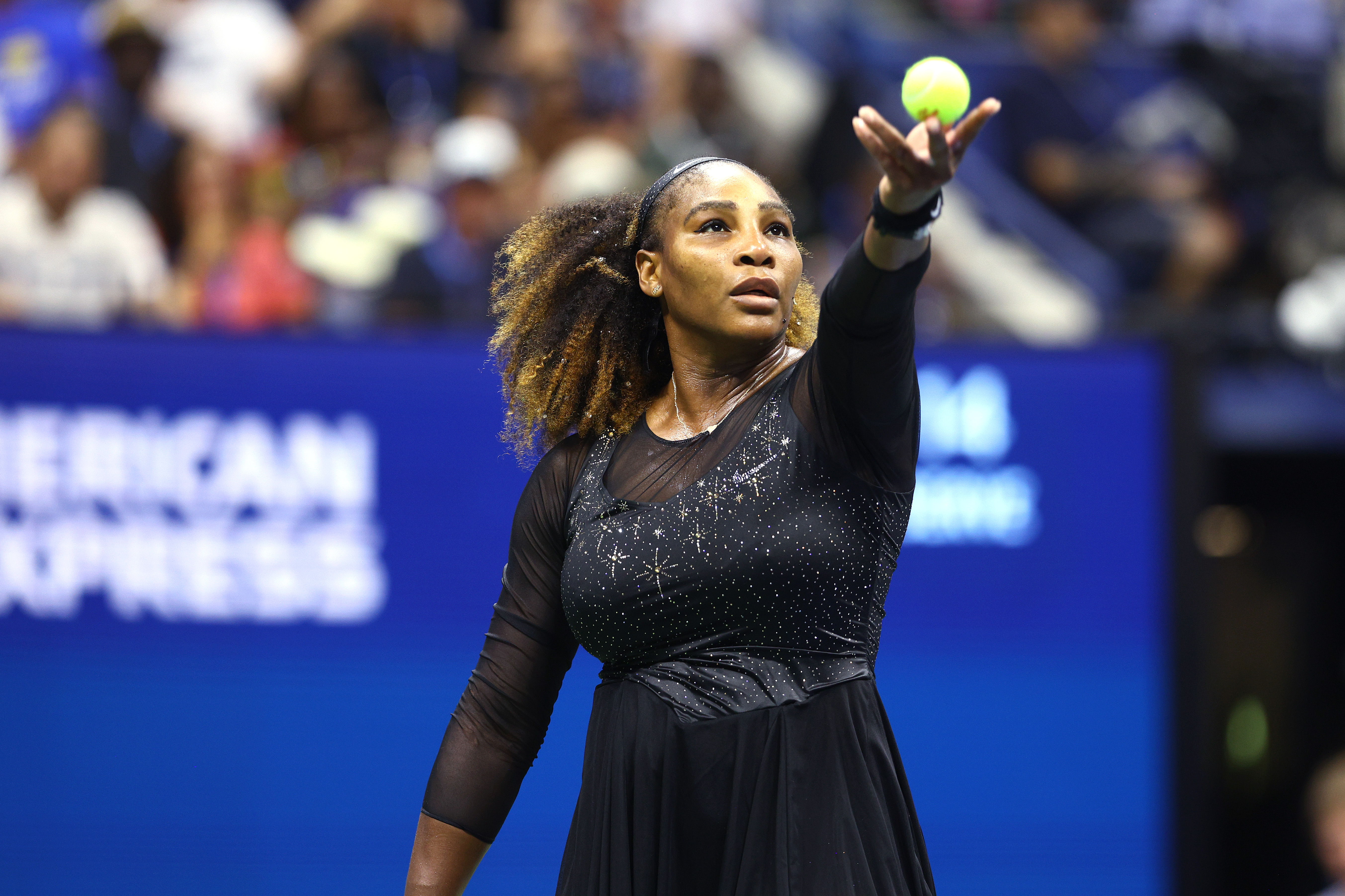 NEW YORK, NEW YORK - AUGUST 29: Serena Williams of the United States serves against Danka Kovinic of Montenegro during the Women's Singles First Round on Day One of the 2022 US Open at USTA Billie Jean King National Tennis Center on August 29, 2022 in the Flushing neighborhood of the Queens borough of New York City. (Photo by Elsa/Getty Images)