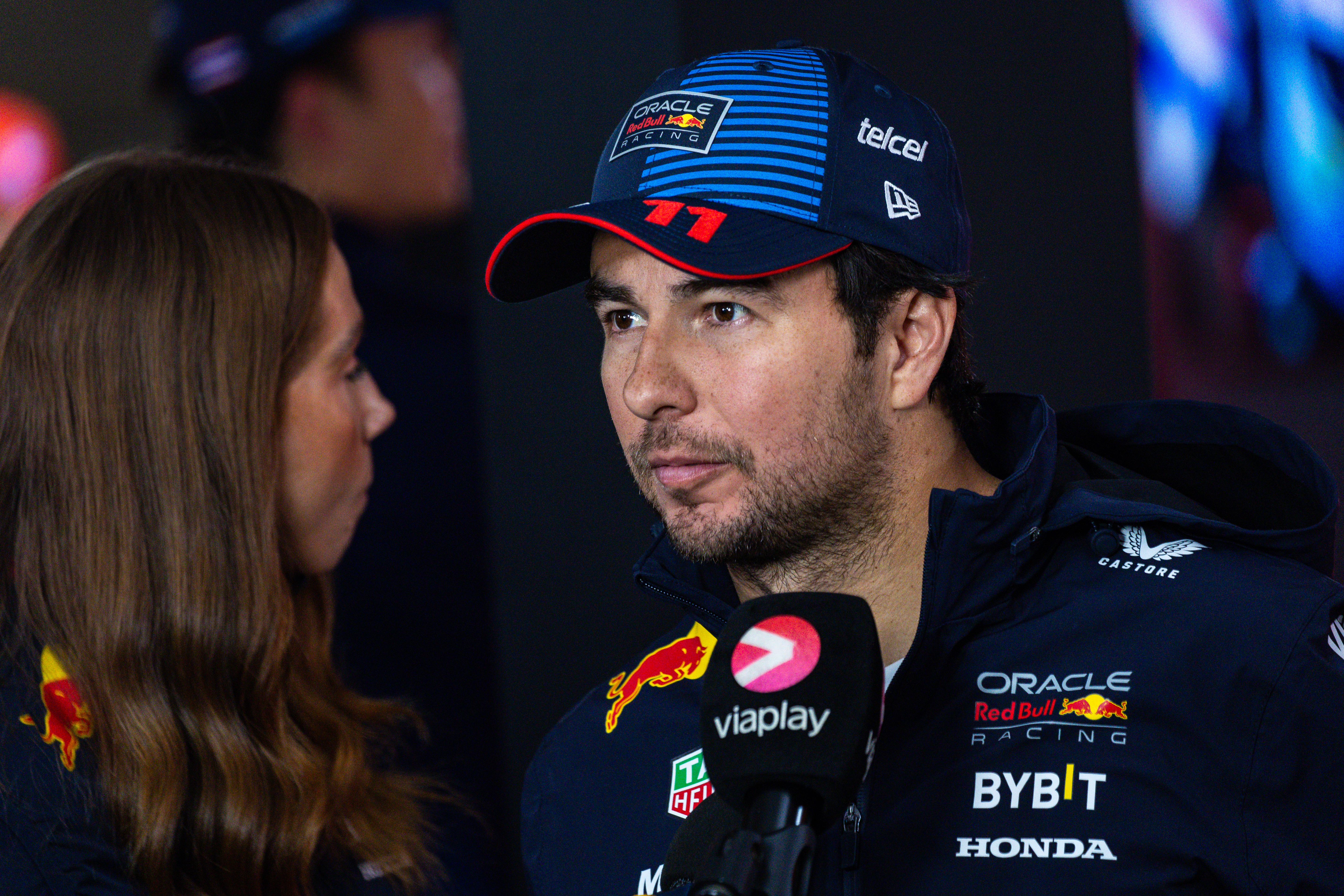 An image of Sergio Perez speaking with media after the F1 Grand Prix of Qatar at Lusail International Circuit.