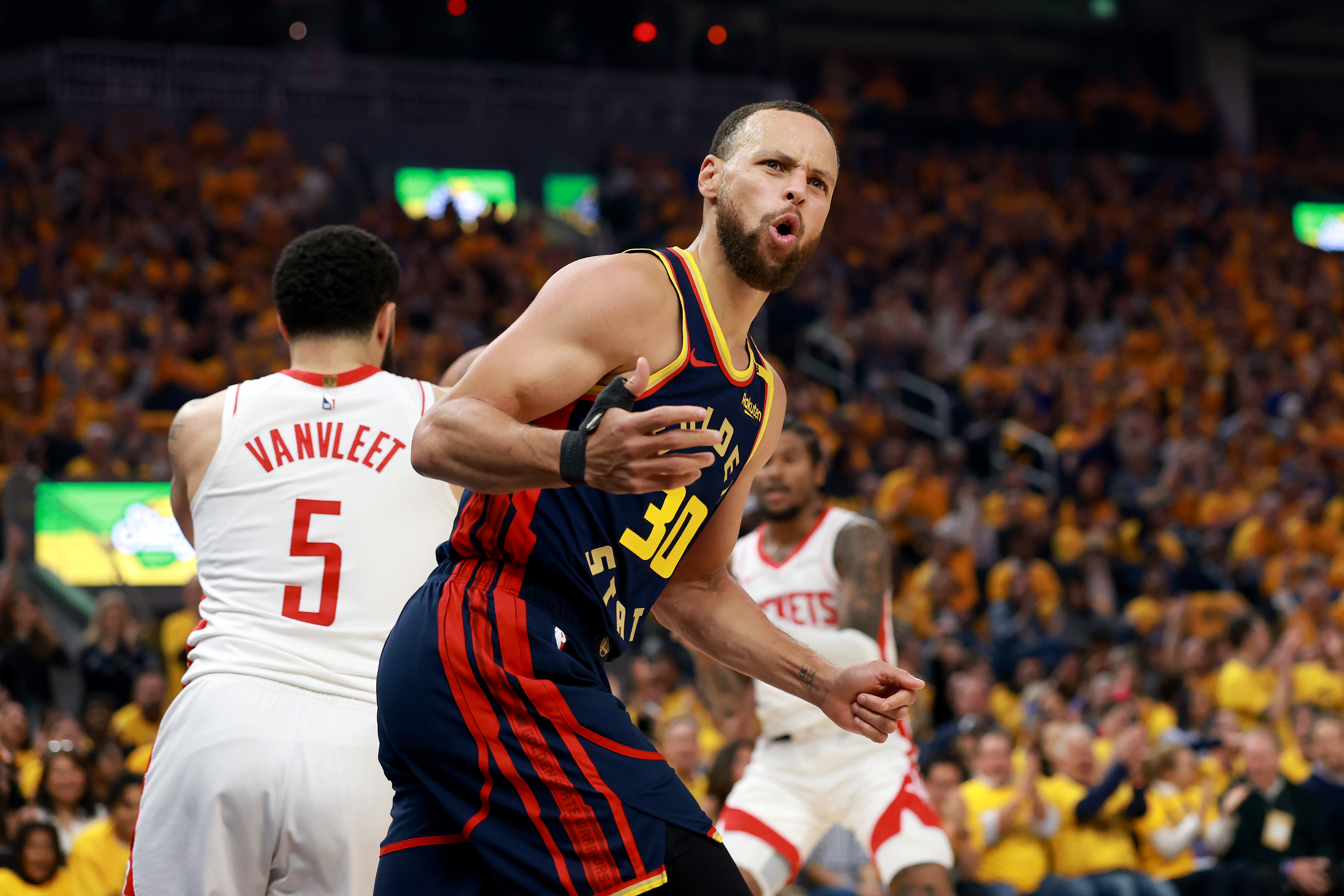 SAN FRANCISCO, CALIFORNIA - APRIL 28: Stephen Curry #30 of the Golden State Warriors reacts during their game against the Houston Rockets in Game Four of the Western Conference First Round NBA Playoffs at Chase Center on April 28, 2025 in San Francisco, California. NOTE TO USER: User expressly acknowledges and agrees that, by downloading and or using this photograph, User is consenting to the terms and conditions of the Getty Images License Agreement. (Photo by Ezra Shaw/Getty Images)