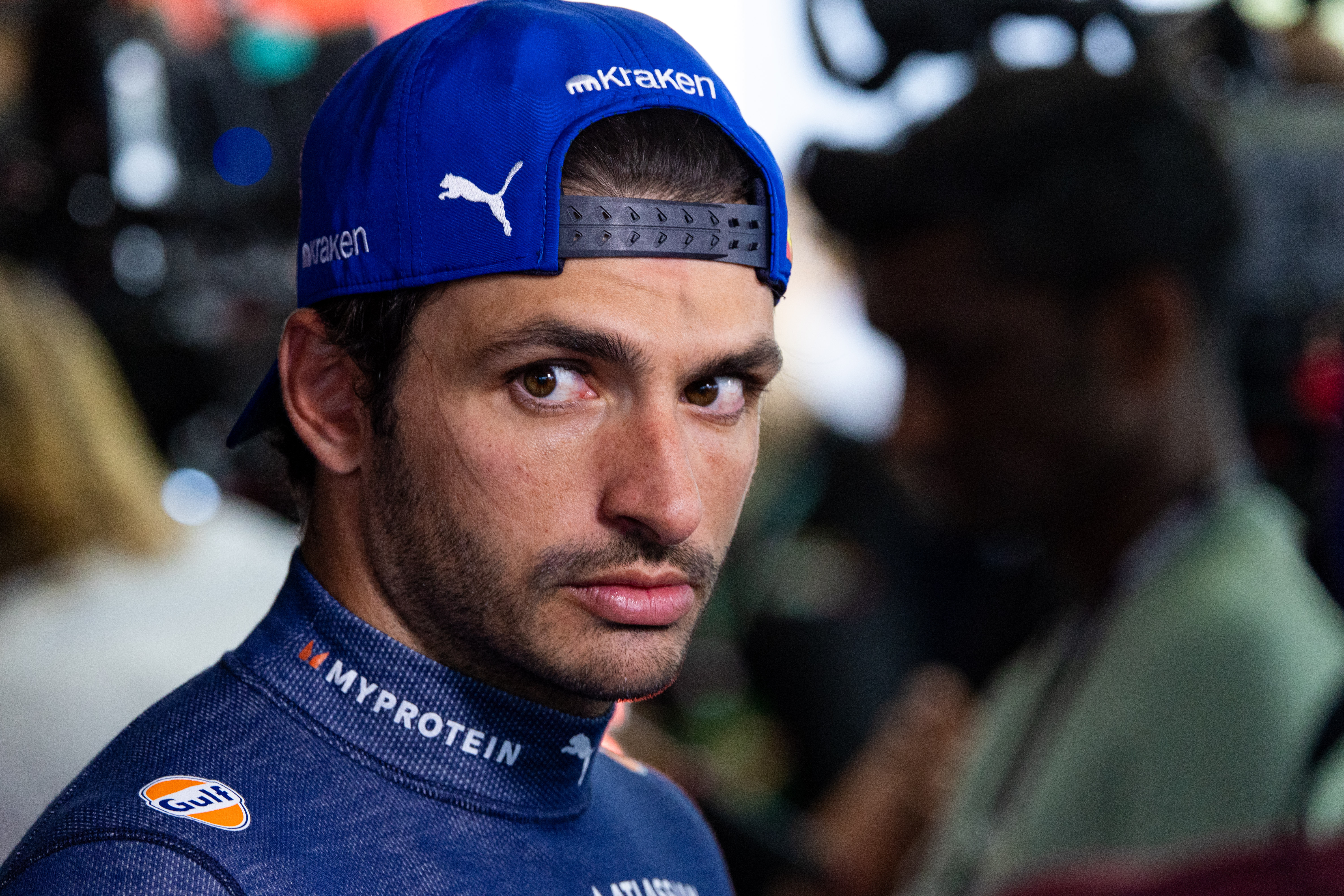 A still image of Carlos Sainz looking at the media pen during the F1 Grand Prix of Canada.