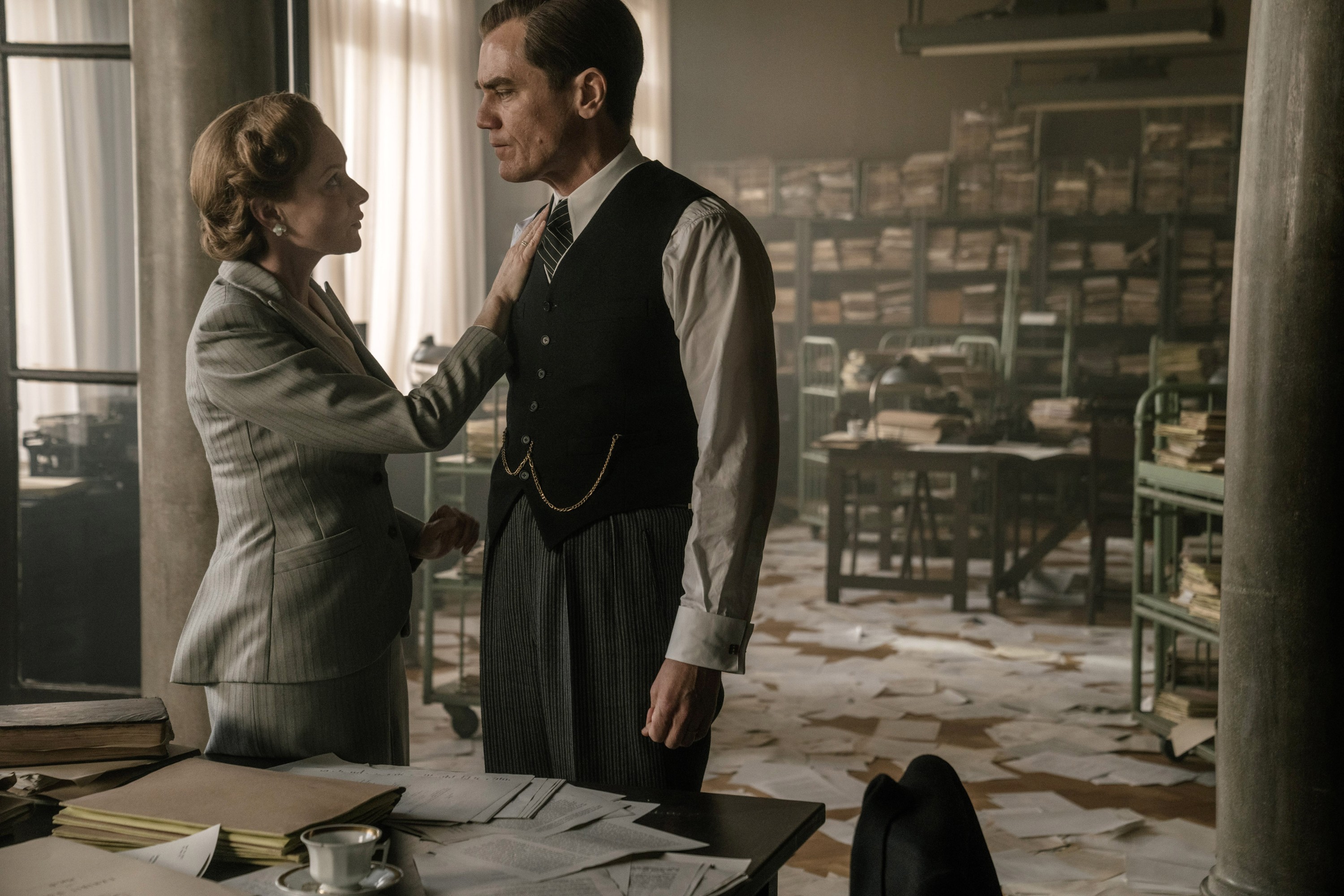 NUREMBERG, from left: Wrenn Schmidt, Michael Shannon, 2025. ph: Scott Garfield / © Sony Pictures Classics / Courtesy Everett Collection
