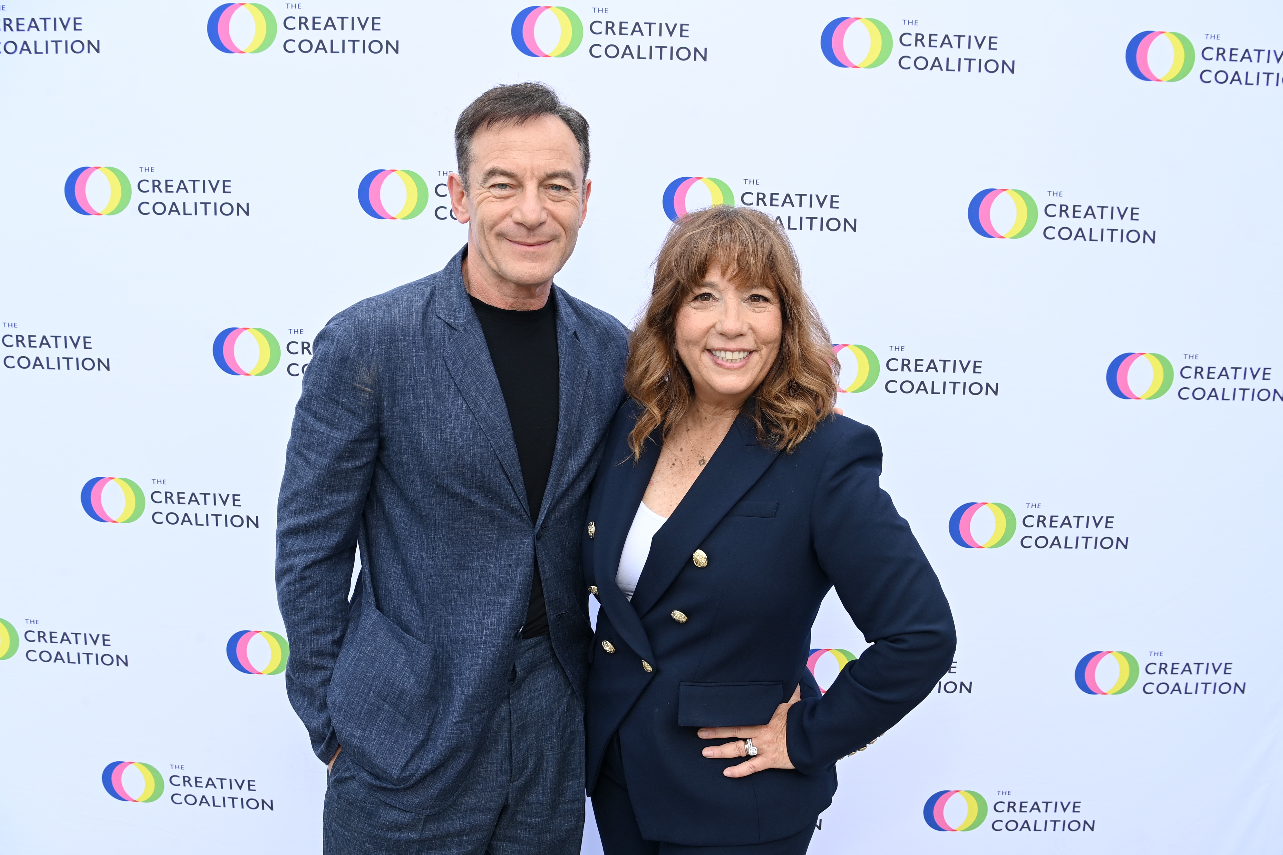 WEST HOLLYWOOD, CALIFORNIA - SEPTEMBER 13: (L-R) Jason Isaacs and Robin Bronk, CEO, The Creative Coalition, attend The Creative Coalition 11th Annual Humanitarian Awards at Craig's Restaurant on September 13, 2025 in West Hollywood, California. (Photo by Jon Kopaloff/Getty Images for The Creative Coalition)