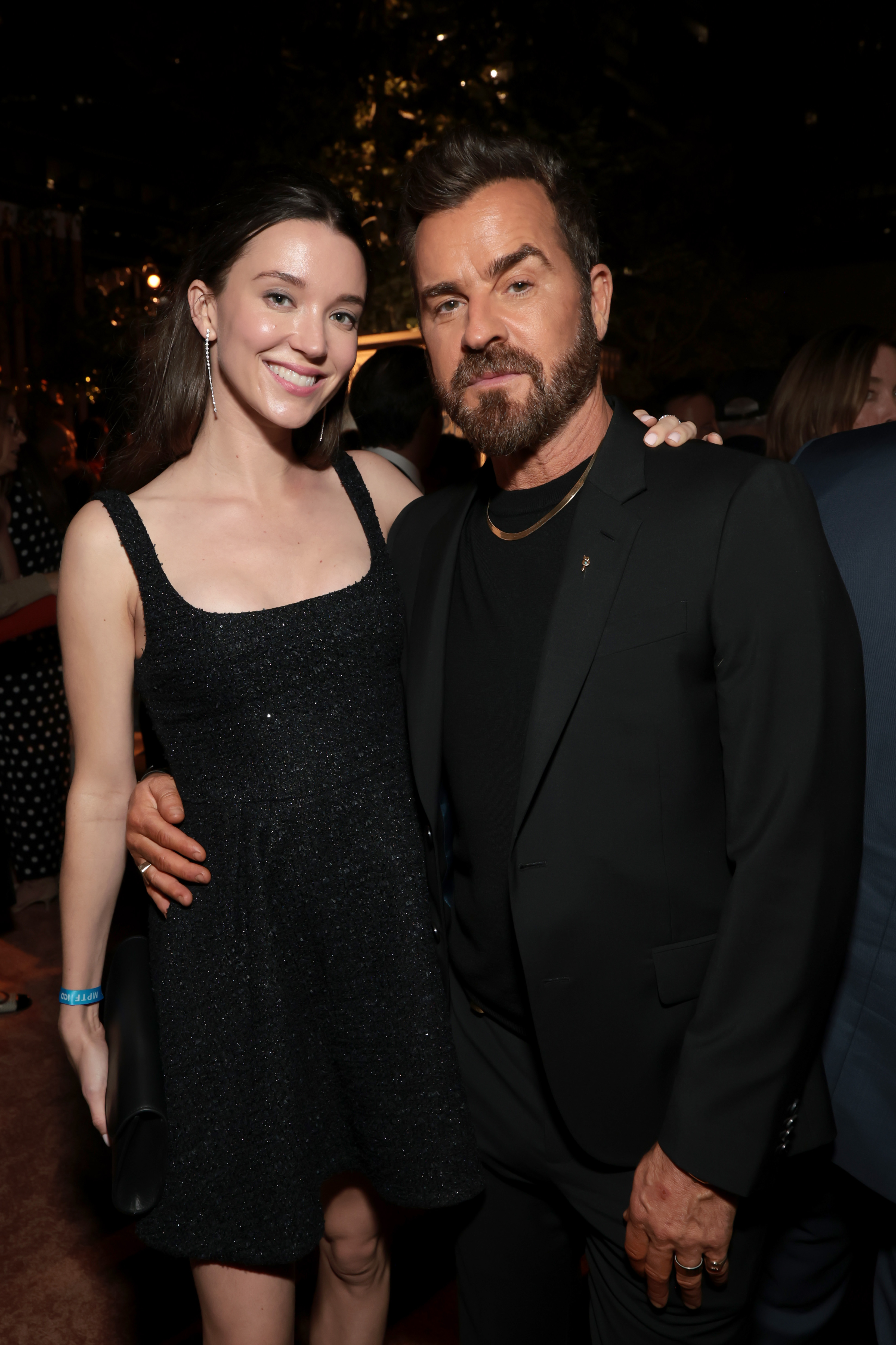 LOS ANGELES, CALIFORNIA - SEPTEMBER 13: (L-R) Nicole Brydon Bloom and Justin Theroux attend MPTF's 19th Annual Evening Before at Century Park on September 13, 2025 in Los Angeles, California. (Photo by Kevin Mazur/Getty Images for MPTF)