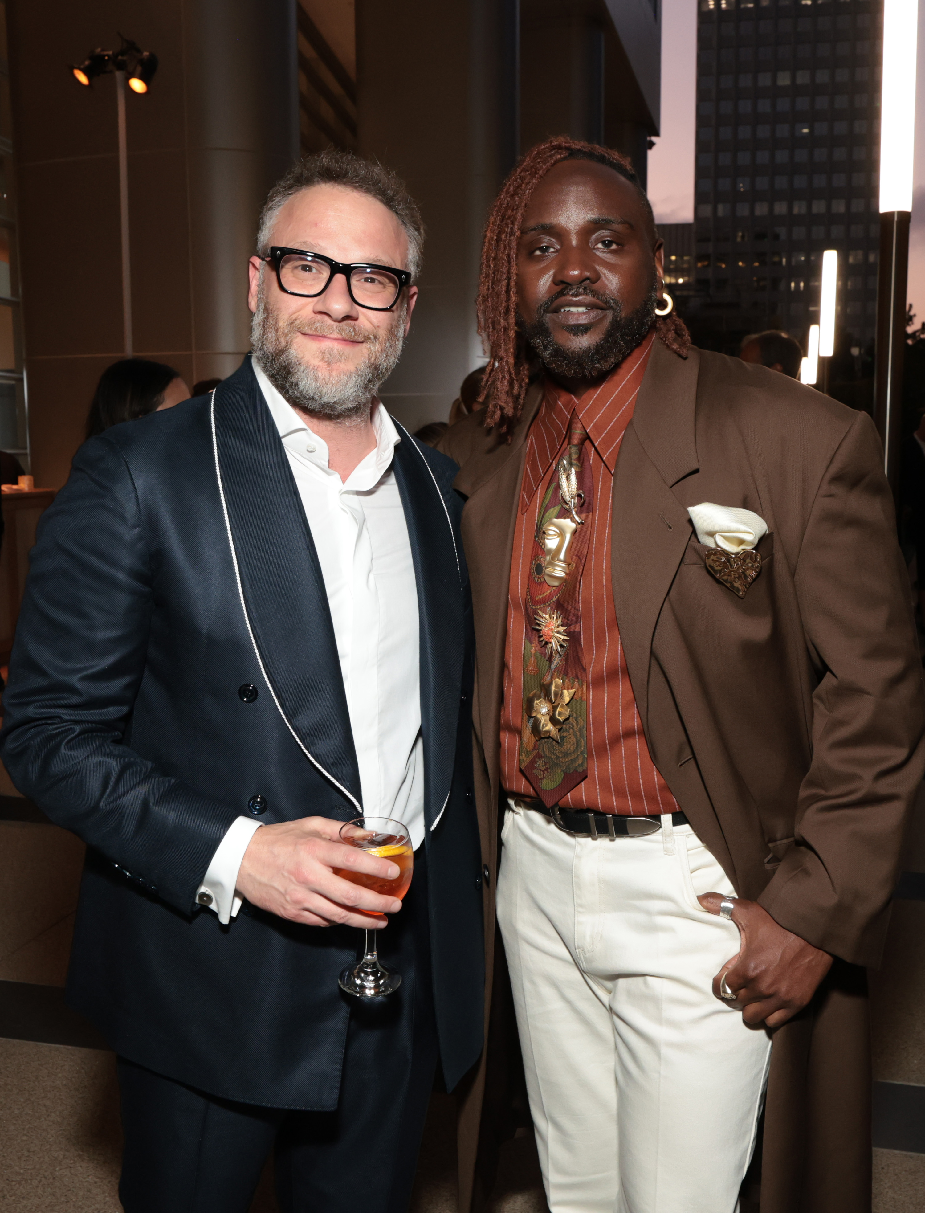 LOS ANGELES, CALIFORNIA - SEPTEMBER 13: (L-R) Seth Rogen and Brian Tyree Henry attend MPTF's 19th Annual Evening Before at Century Park on September 13, 2025 in Los Angeles, California. (Photo by Kevin Mazur/Getty Images for MPTF)