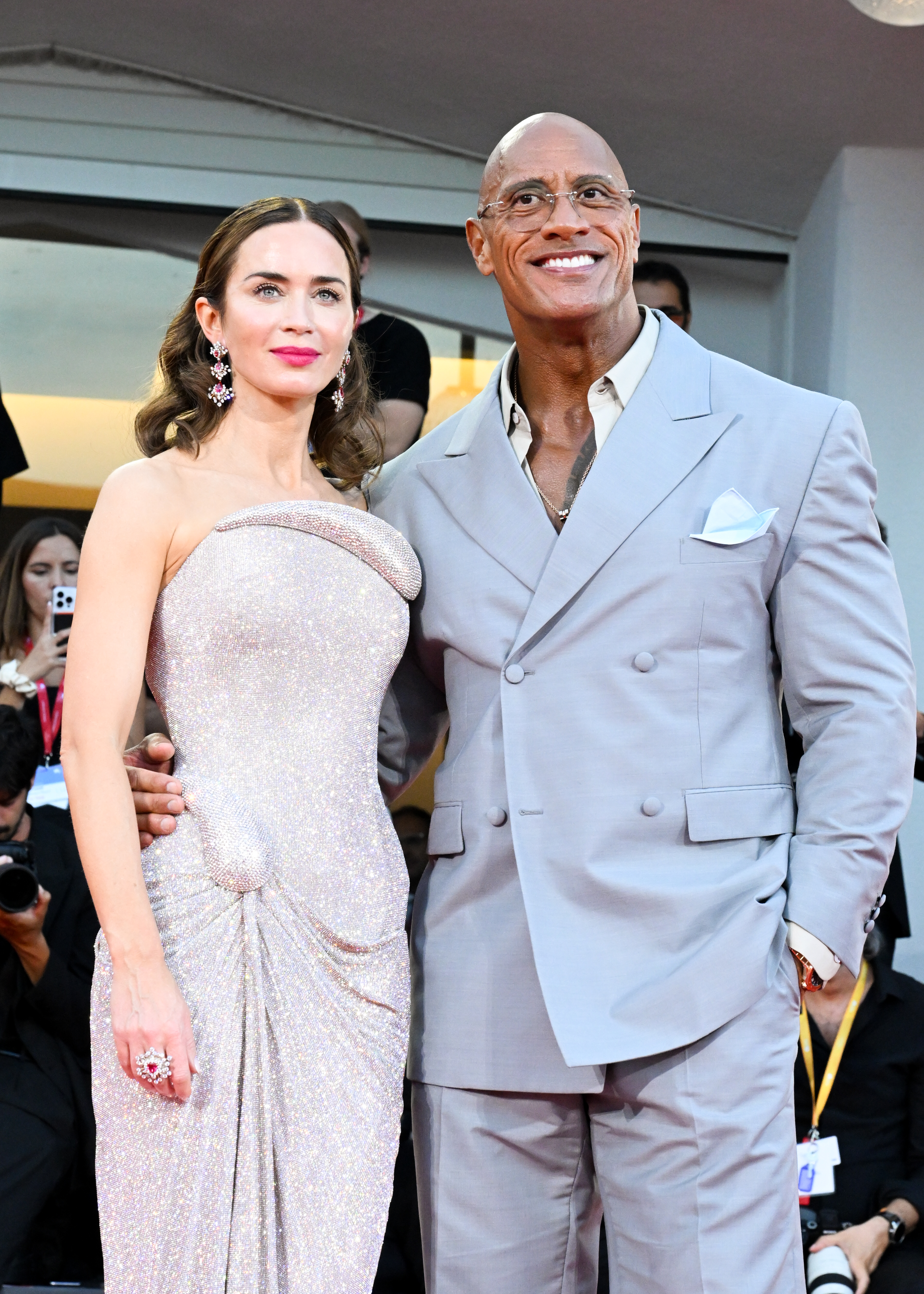 Emily Blunt, Dwayne Johnson at the "The Smashing Machine" Premiere at The 82nd Venice International Film Festival on September 01, 2025 in Venice, Italy. (Photo by Earl Gibson III/Deadline via Getty Images)