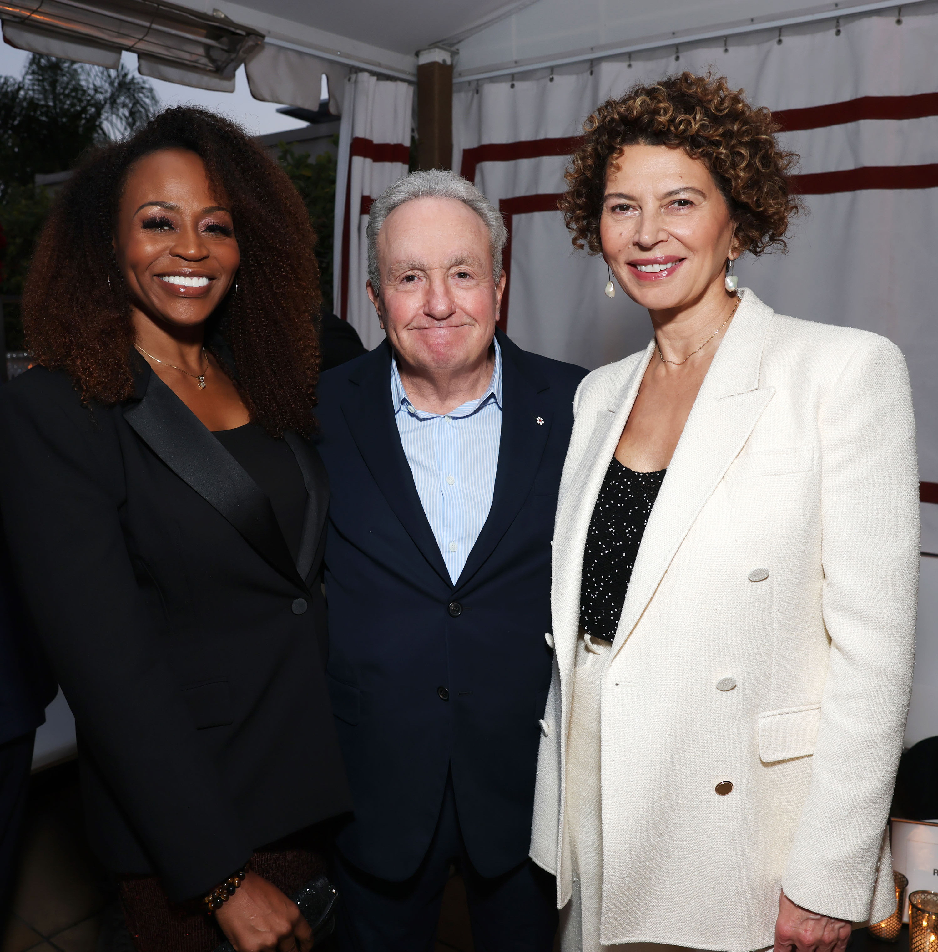 NBCUNIVERSAL EVENTS -- “NBCUniversal Celebrates the Emmy Nominees and a Special Toast to SNL50” -- Pictured: (l-r) Pearlena Igbokwe, Chairman, Television Studios, NBC Entertainment & Peacock Scripted; Lorne Michaels, Donna Langley, Chairman, NBCUniversal Entertainment & Studios at the Sunset Tower Hotel on Friday, September 12, 2025 -- (Photo by: Todd Williamson/NBCUniversal)