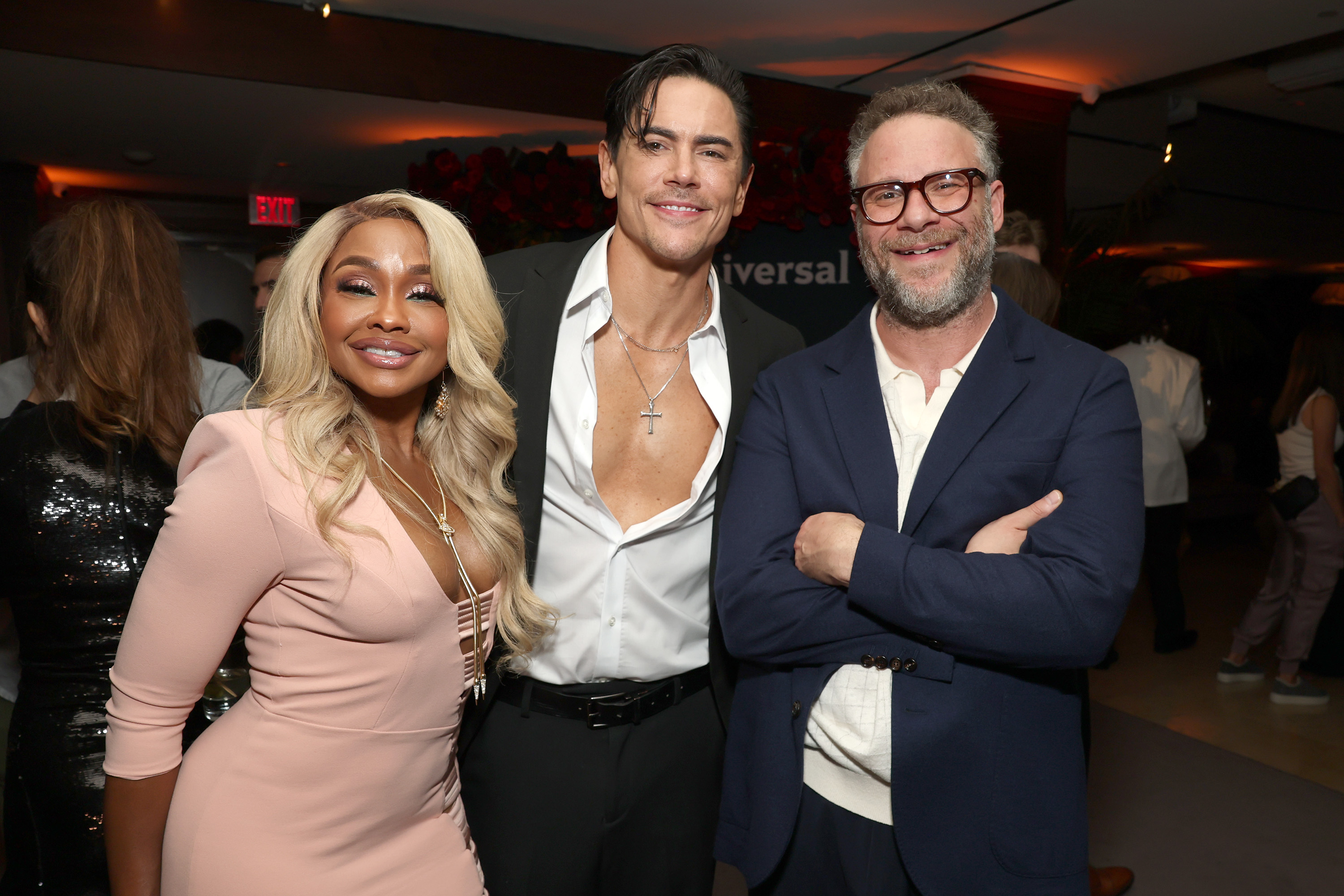 NBCUNIVERSAL EVENTS -- “NBCUniversal Celebrates the Emmy Nominees and a Special Toast to SNL50” -- Pictured: (l-r) Phaedra Parks, “The Traitors” /  “The Real Housewives of Atlanta”, Tom Sandoval, “The Traitors”, Seth Rogen at the Sunset Tower Hotel on Friday, September 12, 2025 -- (Photo by: Todd Williamson/NBCUniversal)