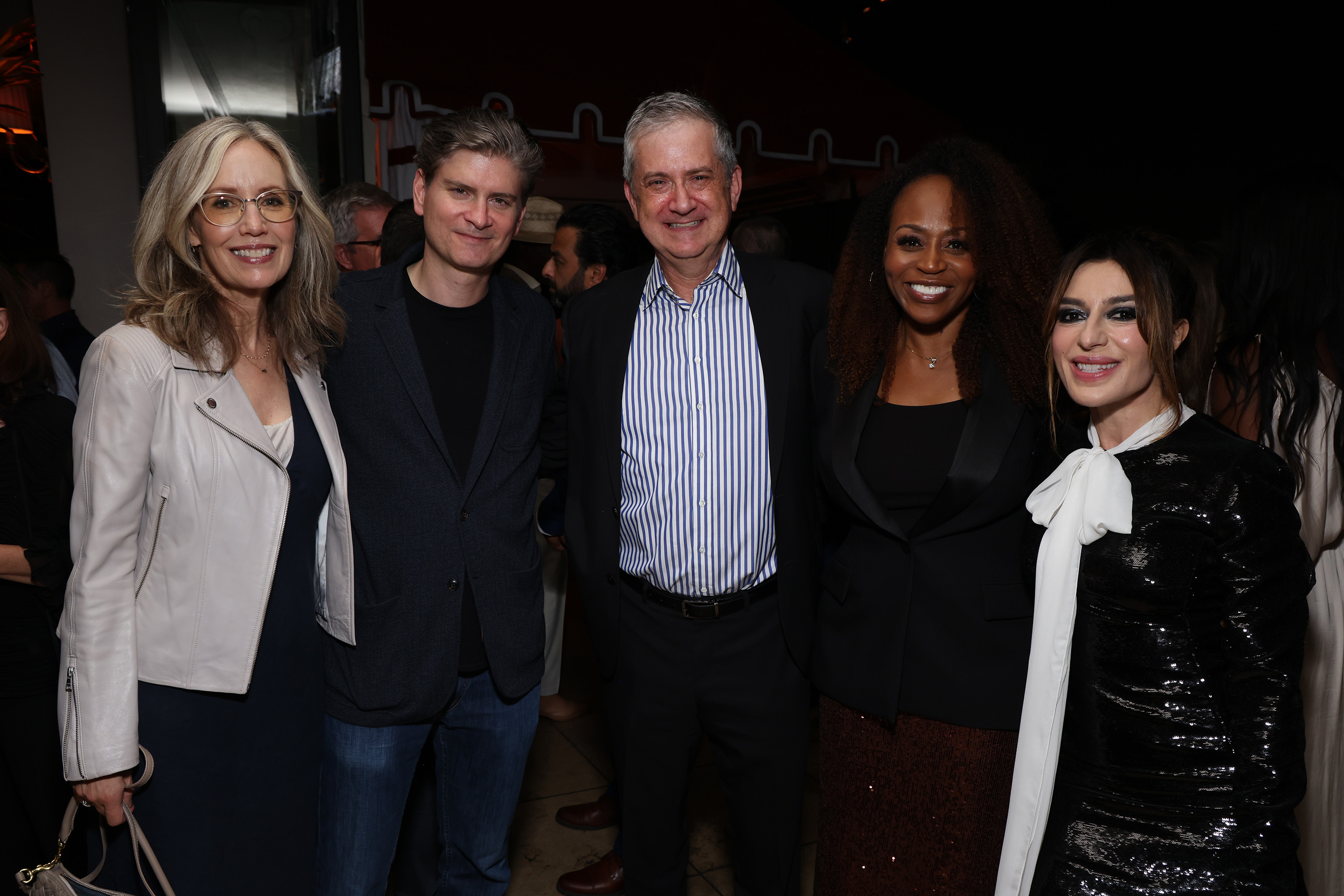 NBCUNIVERSAL EVENTS -- “NBCUniversal Celebrates the Emmy Nominees and a Special Toast to SNL50” -- Pictured: (l-r) Erin Underhill, President, Universal Television; Mike Schur, Greg Daniels, Pearlena Igbokwe, Chairman, Television Studios, NBC Entertainment & Peacock Scripted; Sabrina Impacciatore, “The Paper” at the Sunset Tower Hotel on Friday, September 12, 2025 -- (Photo by: Mark Van Holden/NBCUniversal)