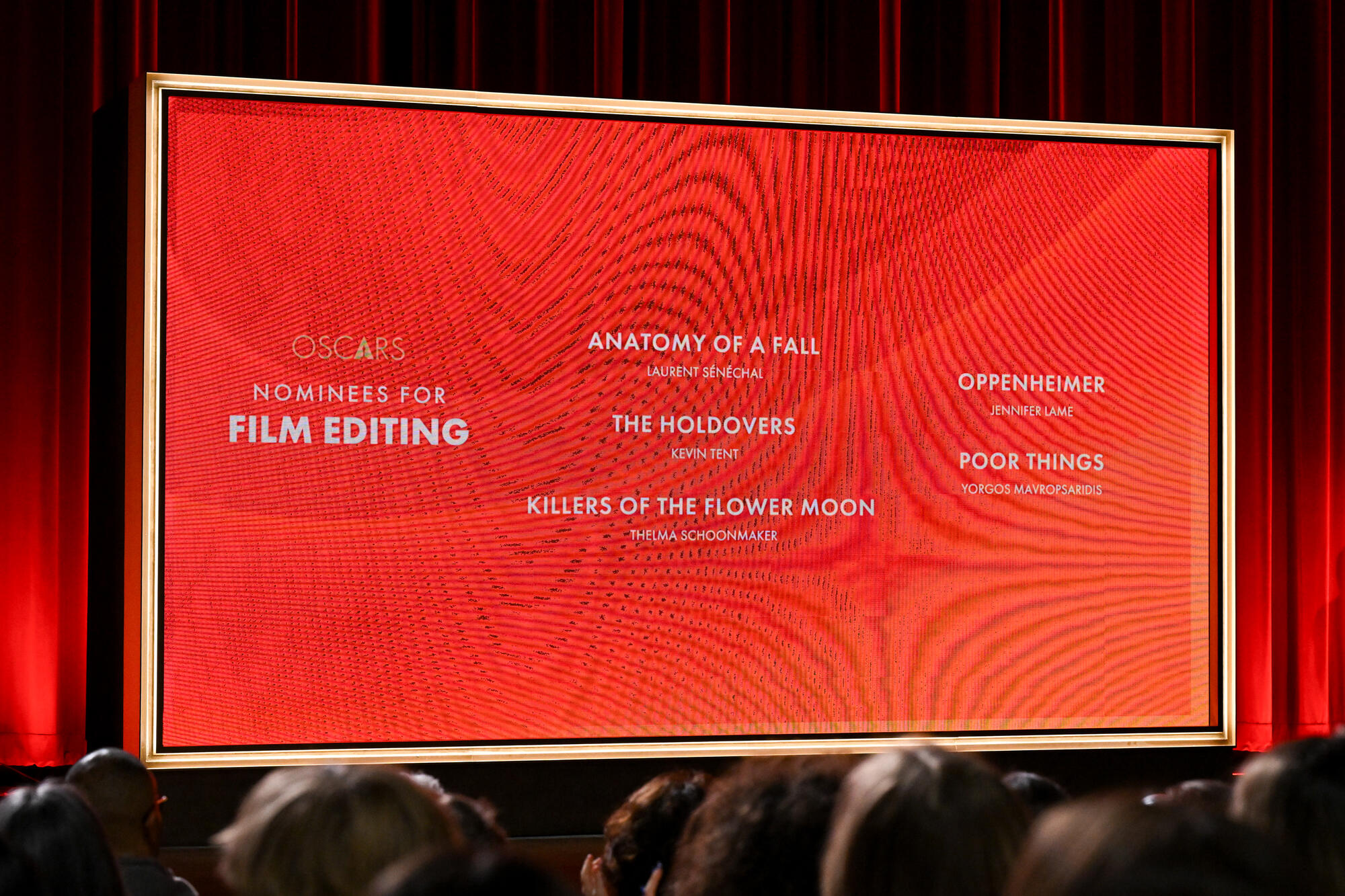 The Nominees for Film Editing at the 96th Oscars nominations in all 23 Academy Award categories in a live presentation from the Academy's Samuel Goldwyn Theater on January 23, 2024 in Beverly Hills, California.