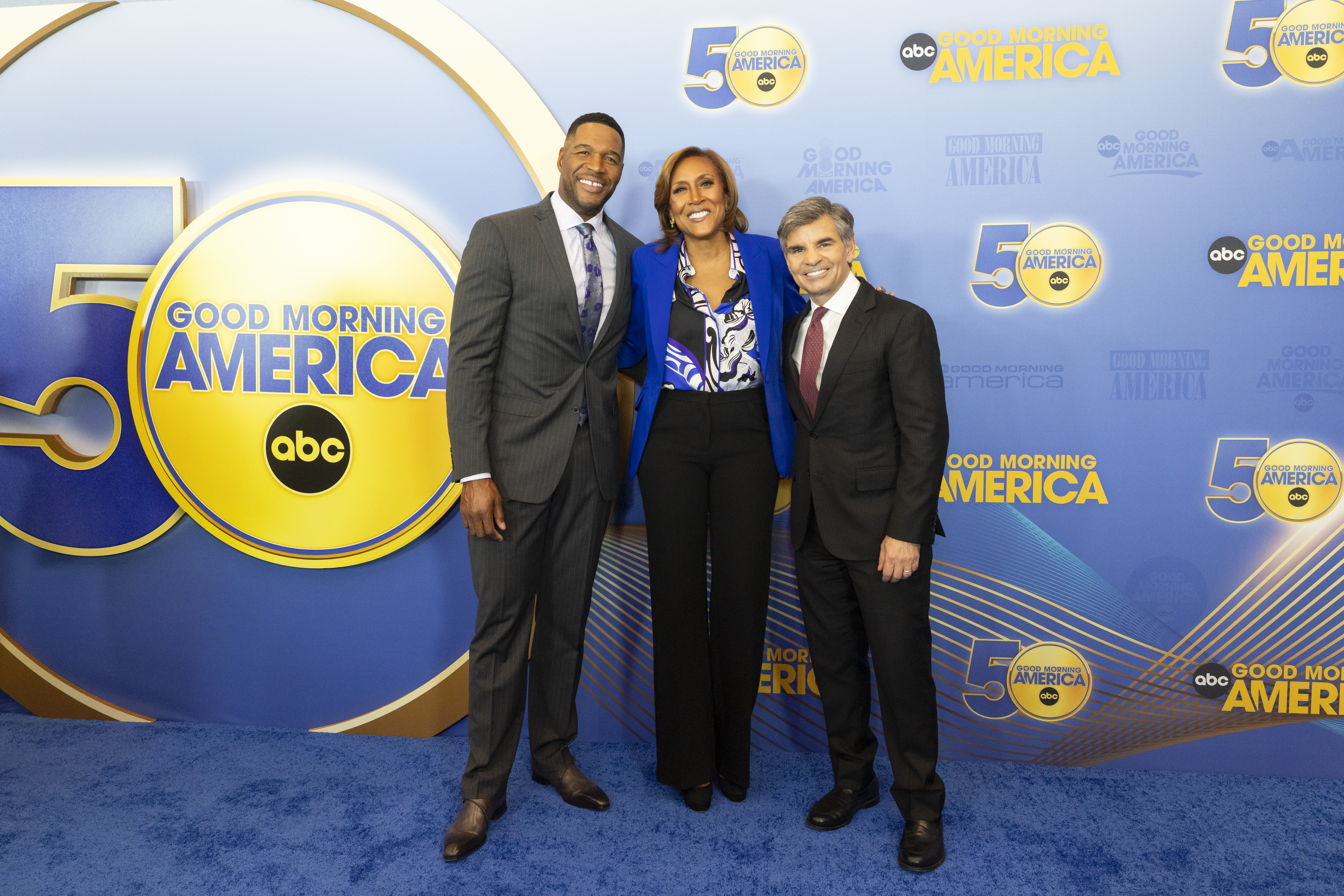 GOOD MORNING AMERICA - 11/3/25 - “Good Morning America” celebrates it’s 50th Anniversary on 11/3/25 at 7 Hudson Square in The Great Room. (ABC/Nicole Pereira) MICHAEL STRAHAN, ROBIN ROBERTS, GEORGE STEPHANOPOULOS