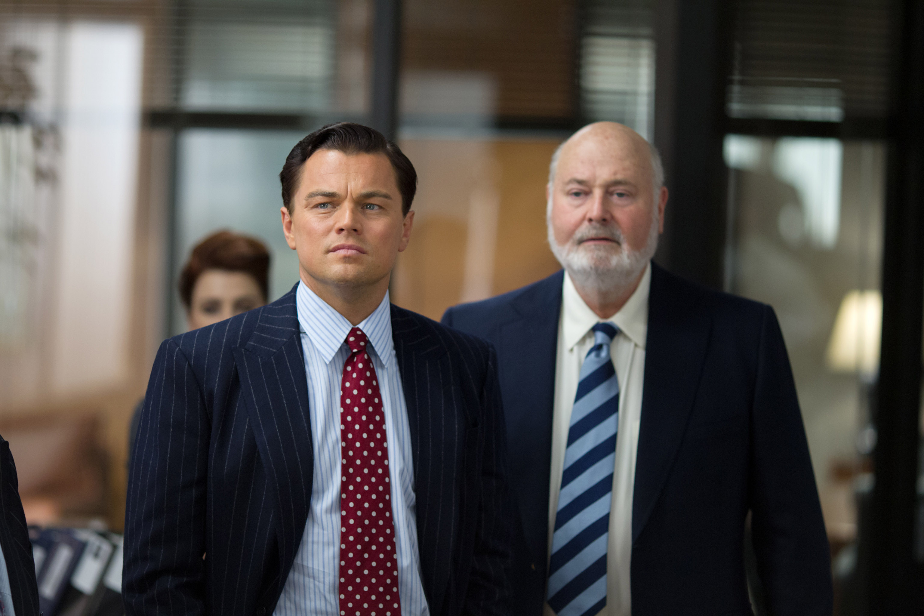 Left to right: Leonardo DiCaprio is Jordan Belfort and Rob Reiner is Max Belfort in THE WOLF OF WALL STREET, from Paramount Pictures and Red Granite Pictures.