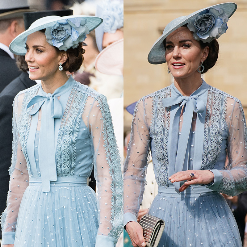 Kate Middleton in Elie Saab ensemble, blue outfit, pussybow tie, see-through sheer sleeves, floral hat
