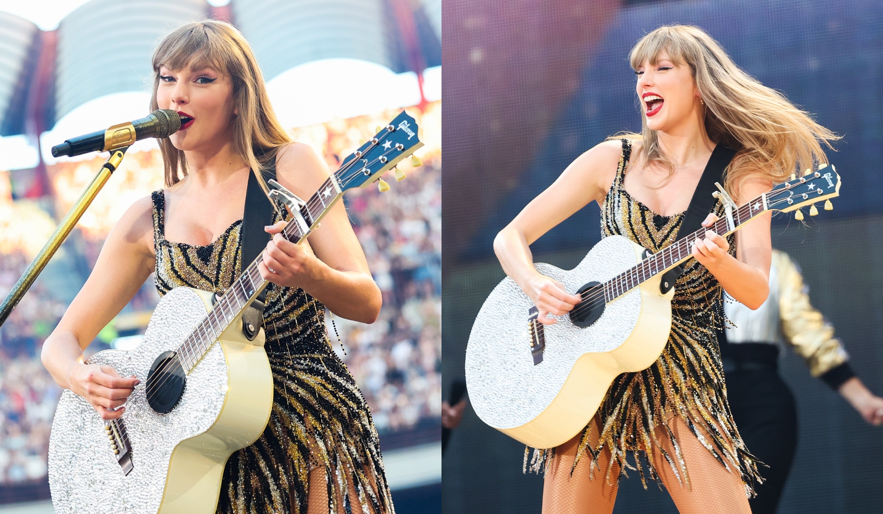 Taylor Swift performs onstage during the Eras Tour on July 13 in Milan, Roberto Cavalli, fringe minidress, Fausto Puglisi, ray of gold
