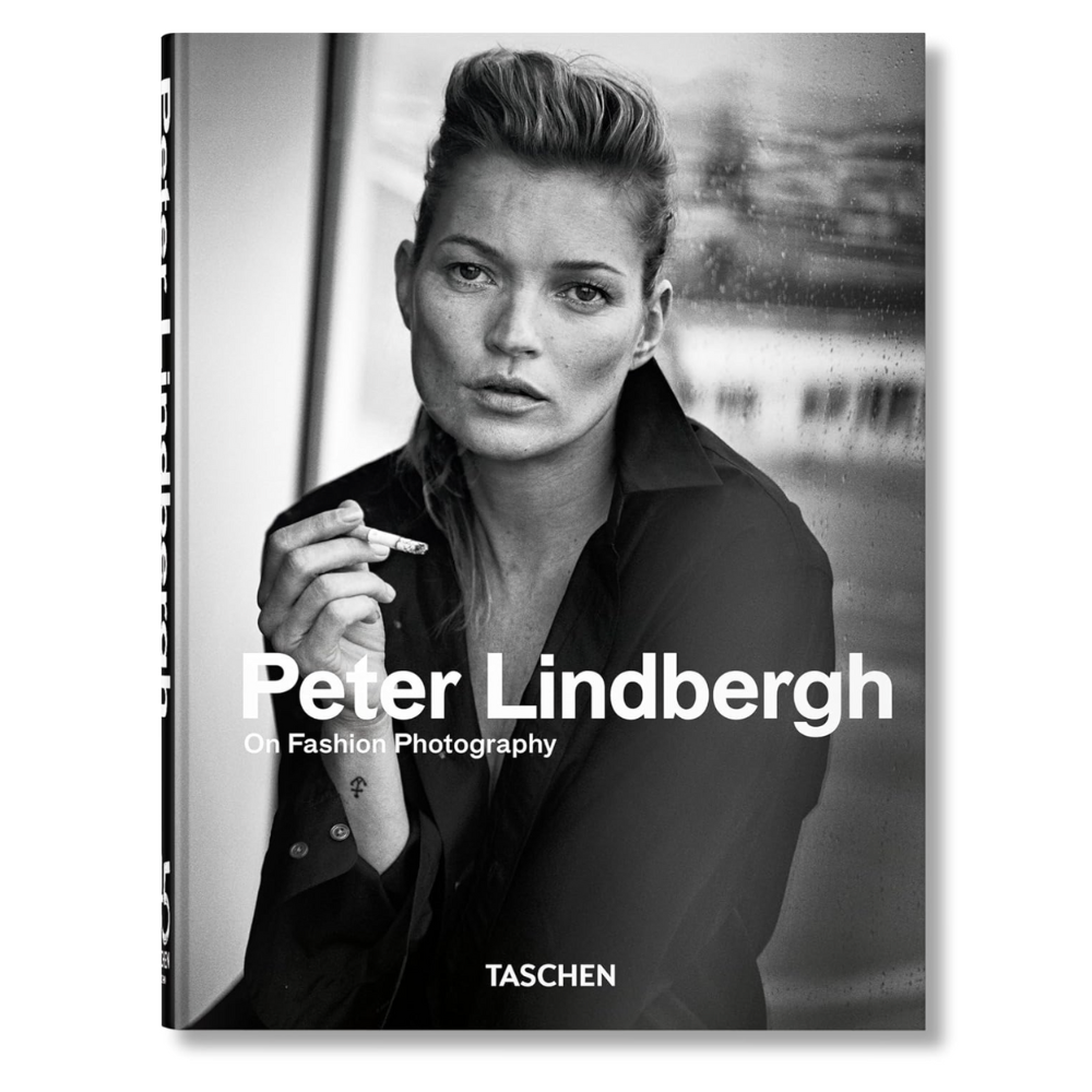 black and white coffee table book with image of Kate Moss