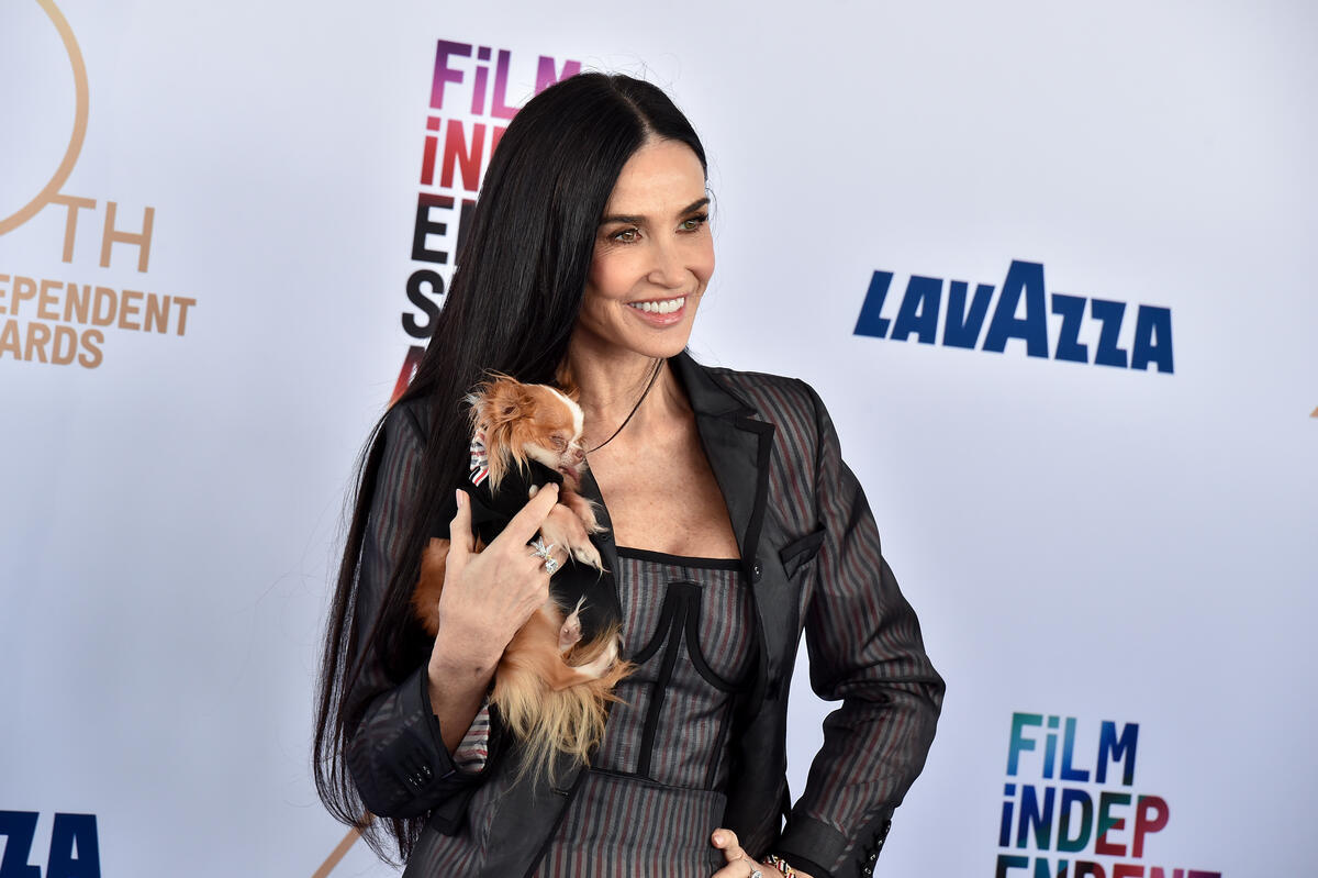 Demi Moore wears thom browne sheer dress at 2025 Film Independent Spirit Awards - Arrivals on February 22, 2025 in Santa Monica, California.