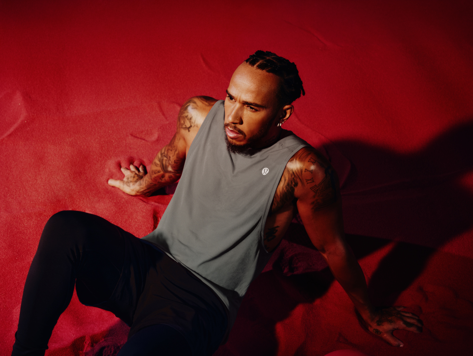 Lewis Hamilton in Lululemon, his new apparel sponsor.