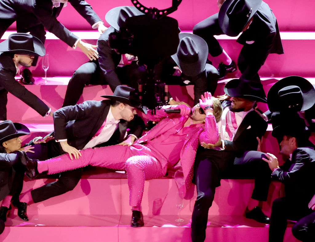 HOLLYWOOD, CALIFORNIA - MARCH 10: Ryan Gosling performs 'I'm Just Ken' from "Barbie" onstage during the 96th Annual Academy Awards at Dolby Theatre on March 10, 2024 in Hollywood, California. (Photo by Kevin Winter/Getty Images)