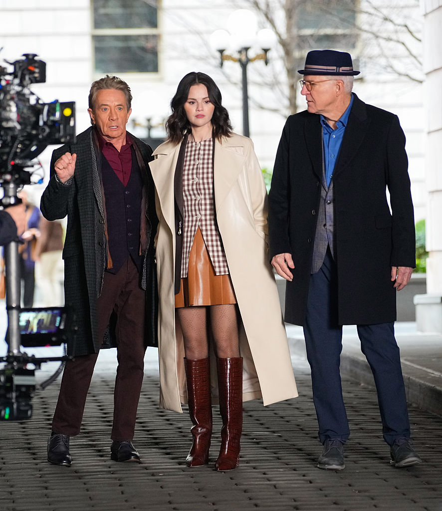 NEW YORK, NY - APRIL 10: Martin Short, Selena Gomez and Steve Martin are seen on the set of 'Only Murders in the Building' on April 10, 2025 in New York City.  (Photo by XNY/Star Max/GC Images)