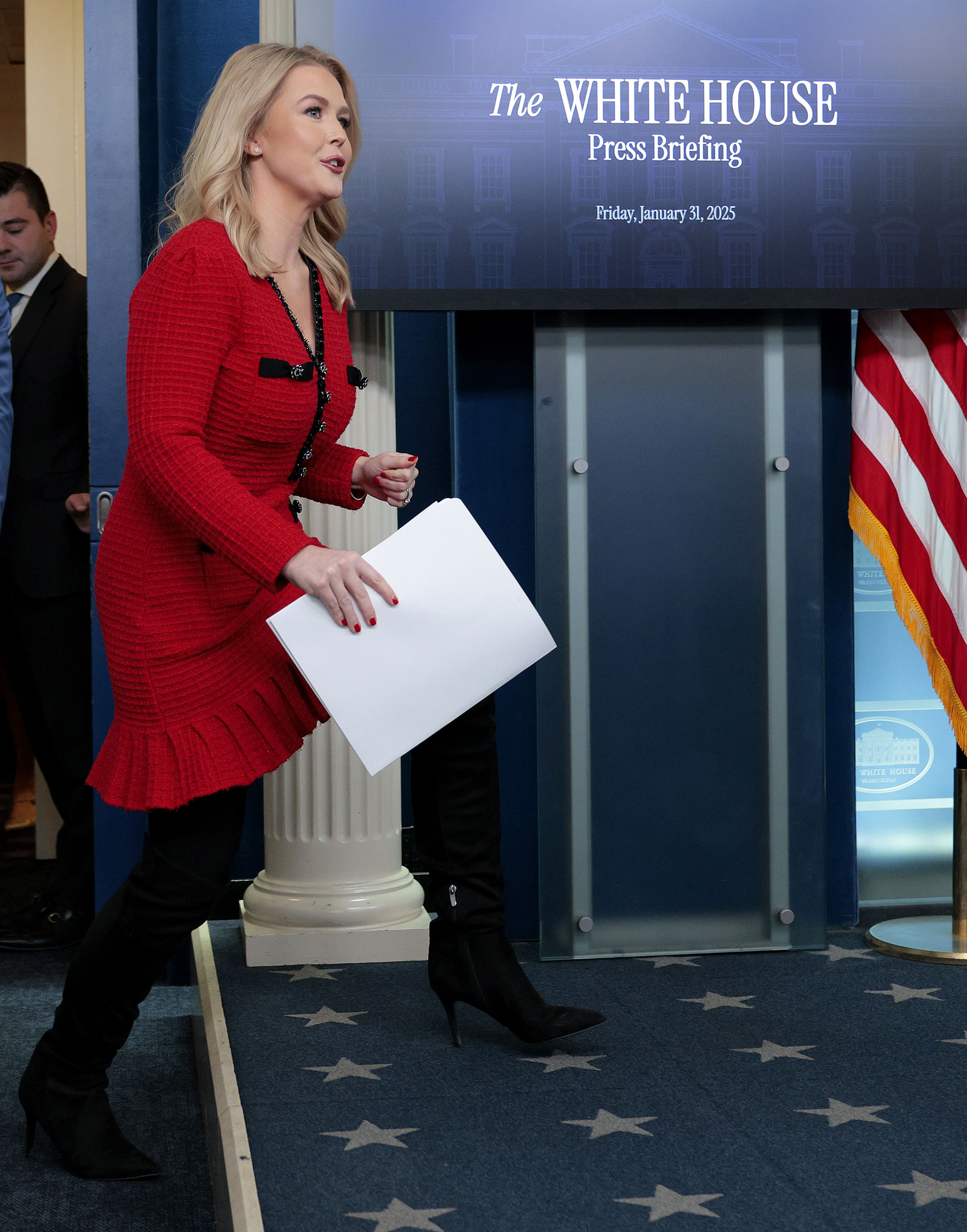 WASHINGTON, DC - JANUARY 31: White House Press Secretary Karoline Leavitt arrives for a news conference in the Brady Press Briefing Room at the White House on January 31, 2025 in Washington, DC. Leavitt announced that 25-percent tariffs on Canada and Mexico and a 10-percent tariff on China will go into effect on February 1. (Photo by Chip Somodevilla/Getty Images)