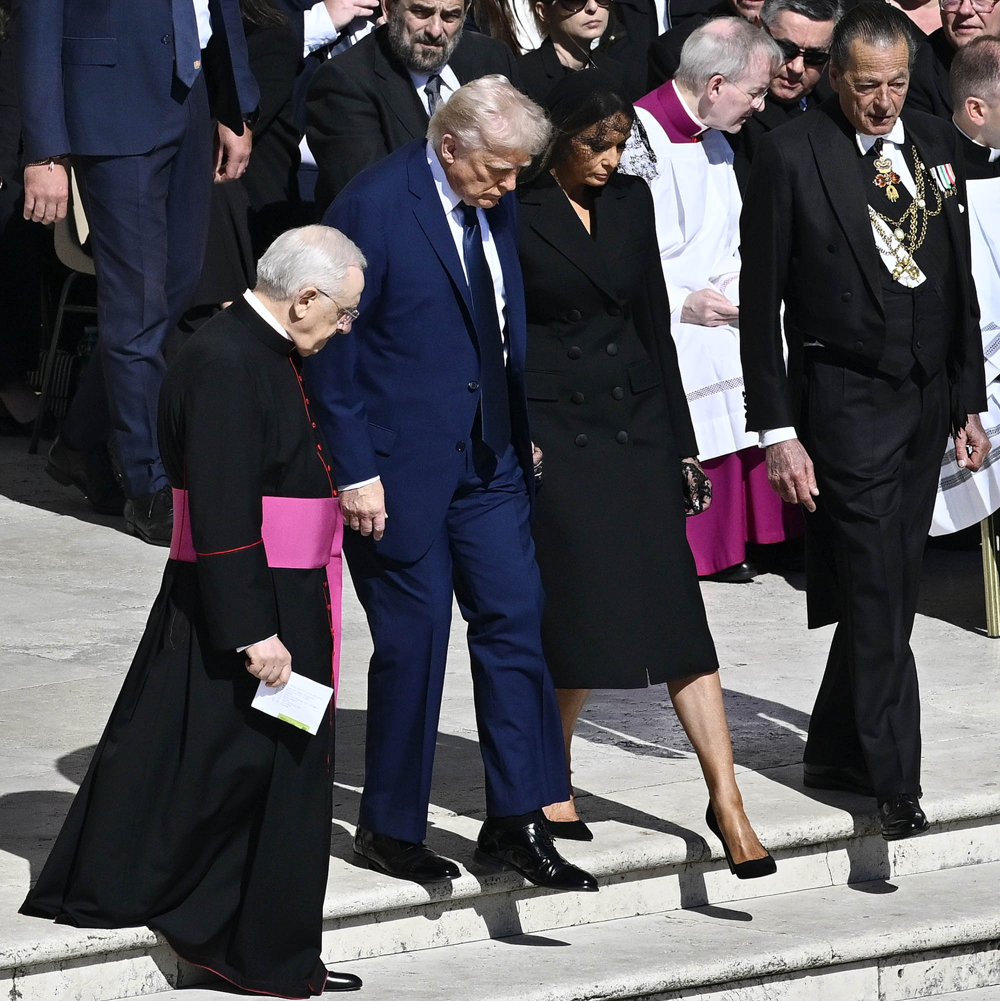 VATICAN CITY, VATICAN - APRIL 26: US President Donald Trump and US First Lady Melania Trump during the funeral of Pope Francis in St. Peter’s Square on April 26, 2025 in Vatican City, Vatican. Pope Francis died on April 21st at the age of 88. Born in Argentina as Jorge Mario Bergoglio, he was the first Latin American and the first Jesuit to become Pope when elected in 2013. Taking the name Francis after St Francis of Assisi, he promoted a more humble version of the papacy than many of his predecessors. He will be buried outside of the Vatican in a simple wooden coffin at the Basilica Santa Maria Maggiore. (Photo by Antonio Masiello/Getty Images)