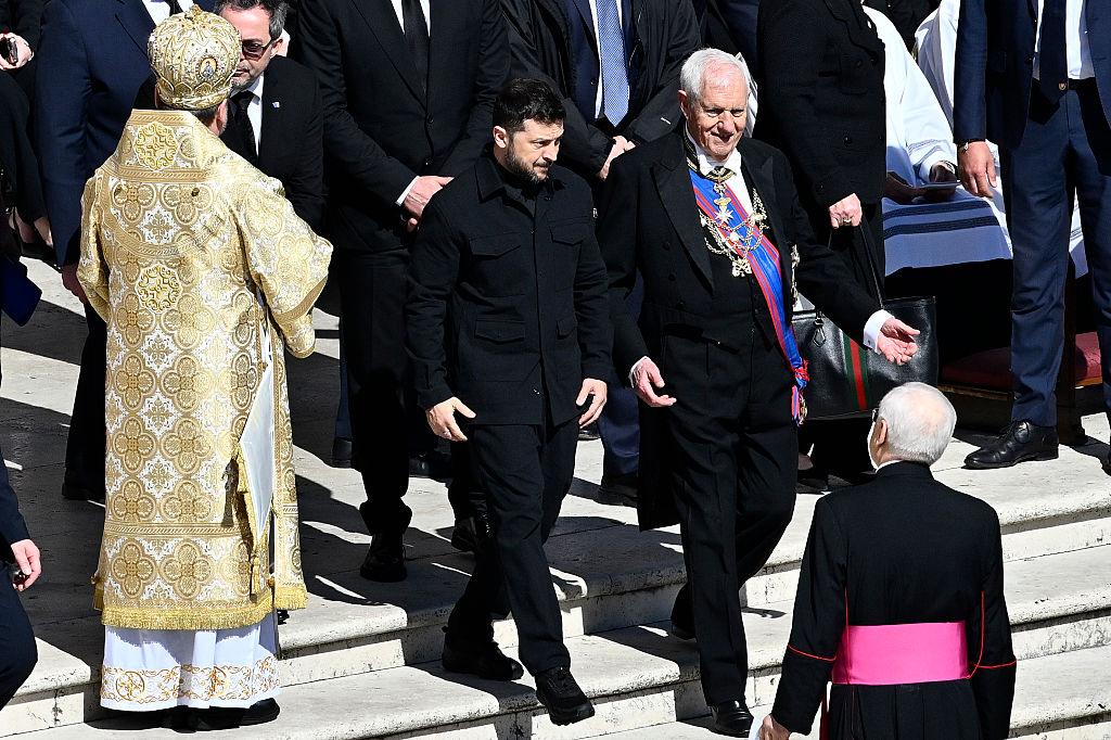 VATICAN CITY, VATICAN - APRIL 26: Ukraine's President Volodymyr Zelensky arrives at the funeral of Pope Francis in St. Peter’s Square on April 26, 2025 in Vatican City, Vatican. Pope Francis died on April 21st at the age of 88. Born in Argentina as Jorge Mario Bergoglio, he was the first Latin American and the first Jesuit to become Pope when elected in 2013. Taking the name Francis after St Francis of Assisi, he promoted a more humble version of the papacy than many of his predecessors. He will be buried outside of the Vatican in a simple wooden coffin at the Basilica Santa Maria Maggiore. (Photo by Antonio Masiello/Getty Images)