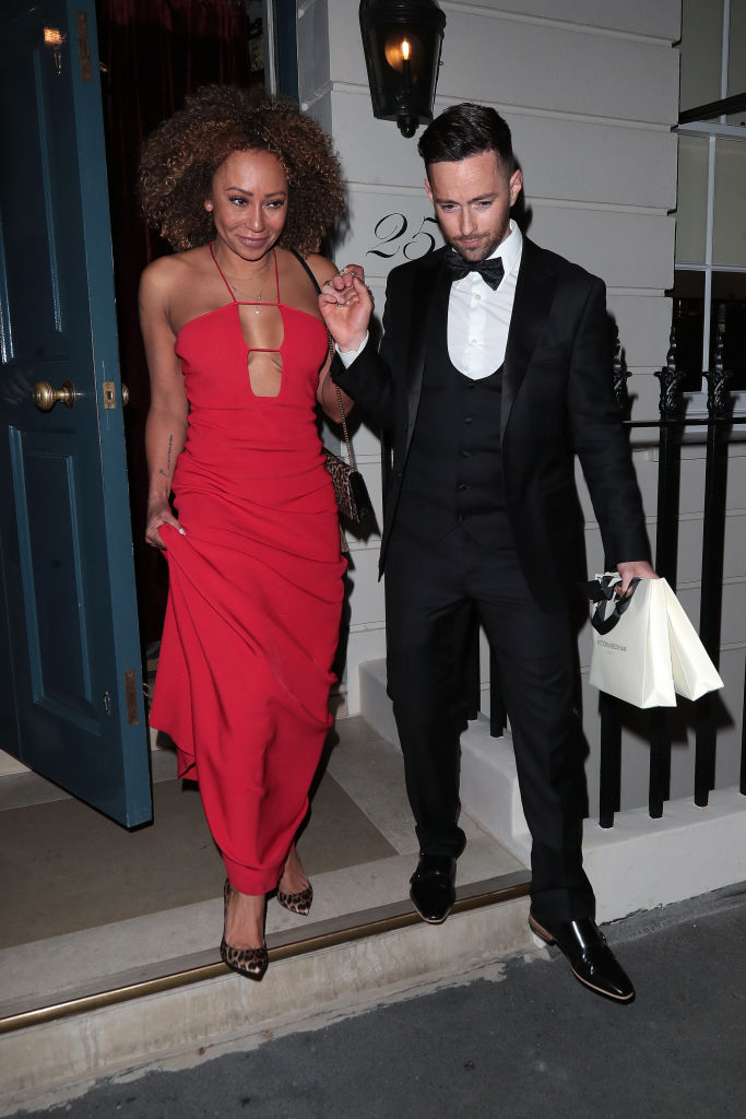 LONDON, ENGLAND - APRIL 20:  Mel B and Rory McPhee are seen attending Victoria Beckham's 50th birthday party at Oswald’s on April 20, 2024 in London, England. (Photo by Ricky Vigil M / Justin E Palmer/GC Images)