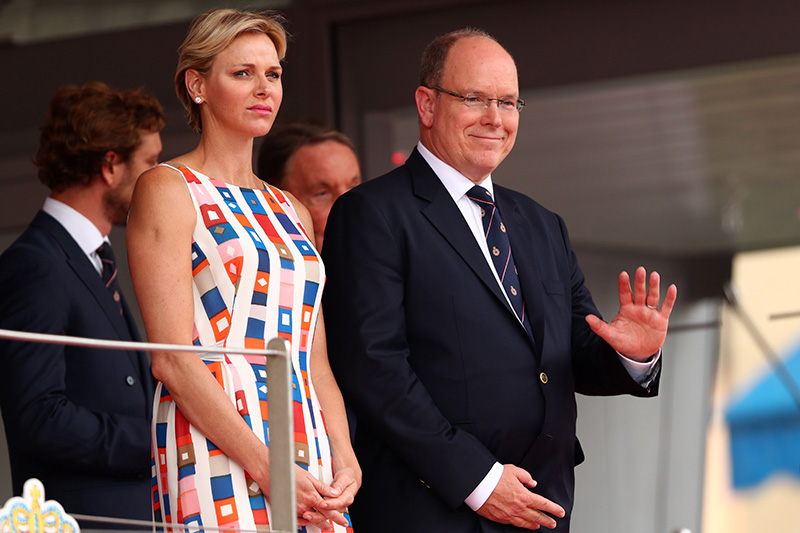 MONTE-CARLO, MONACO - MAY 27:  Prince Albert of Monaco and Princess Charlene of Monaco look on from the podium during the Monaco Formula One Grand Prix at Circuit de Monaco on May 27, 2018 in Monte-Carlo, Monaco.  (Photo by Dan Istitene/Getty Images)
