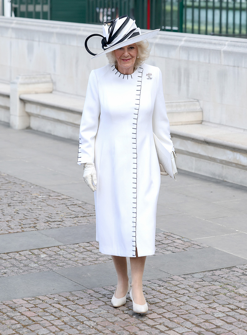 LONDON, ENGLAND - MAY 08: Queen Camilla smiles as she departs the Thanksgiving Service to mark the 80th anniversary of VE Day at Westminster Abbey on May 08, 2025 in London, England. The King and Queen, joined by members of the Royal Family, will take part in events from May 5th to May 8th to commemorate the 80th Anniversary of VE Day, which signalled the end of the Second World War in Europe. (Photo by Chris Jackson/Getty Images)