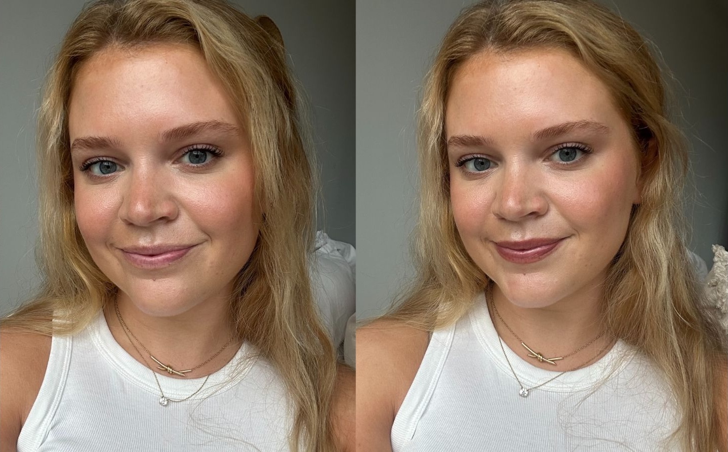 Before and after image of WWD editor testing Clinique Almost Lipstick in Black Honey