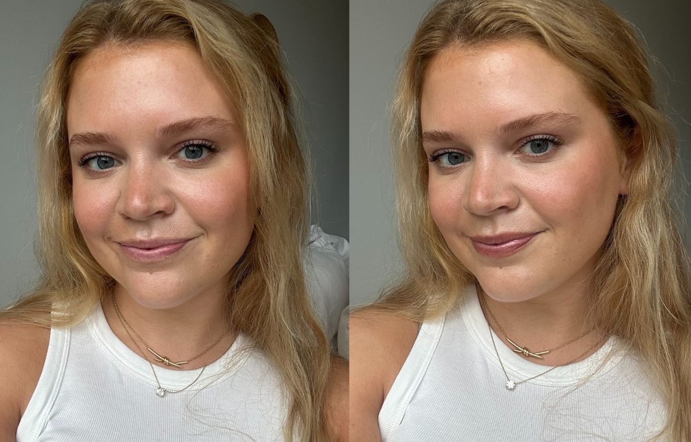 Before and after image of WWD editor testing Clinique Almost Lipstick in Nude Honey