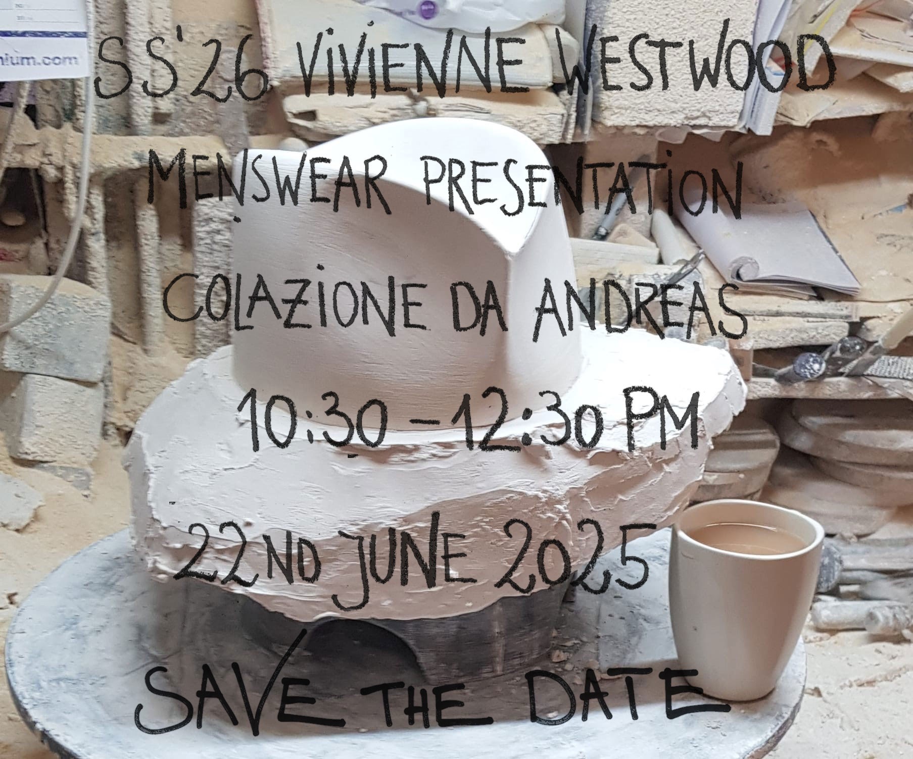 The save the date invitation for Vivienne Westwood's spring 2026 men's show.
