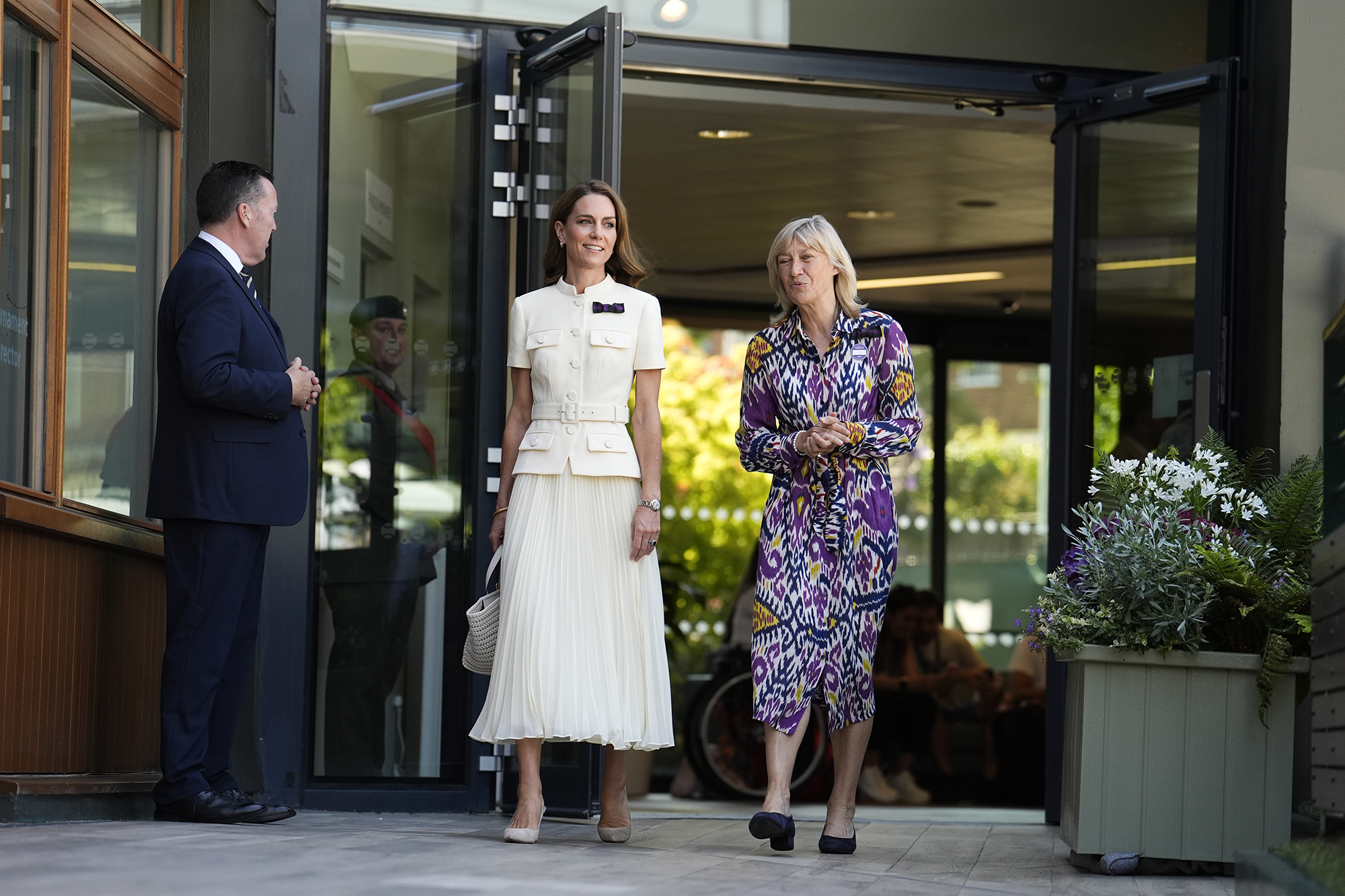 LONDON, ENGLAND - JULY 12: Catherine, Princess of Wales with AELTC chair Debbie Jevans as she arrives to attend the Ladies' Singles Final during day thirteen of The Championships Wimbledon 2025 at All England Lawn Tennis and Croquet Club on July 12, 2025 in London, England. (Photo by Jordan Pettitt - WPA Pool/Getty Images)