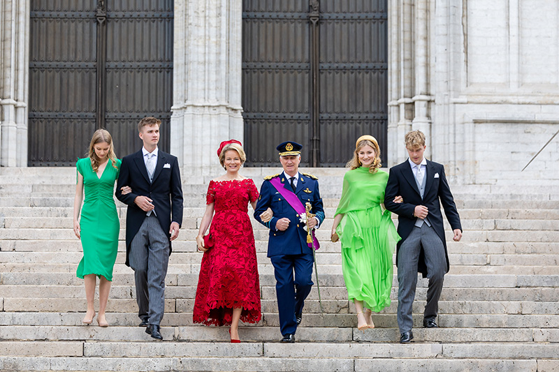 BRUSSELS, BELGIUM - JULY 21: (L to R) Princess Eleonore, Prince Gabriel, Queen Mathilde, King Phiippe, Princess Elisabeth and Prince Emmanuel of Belgium arrive for the Te Deum as they attend the National Day ceremony on July 21, 2025 in Brussels, Belgium. (Photo by Geert Vanden Wijngaert/Getty Images)