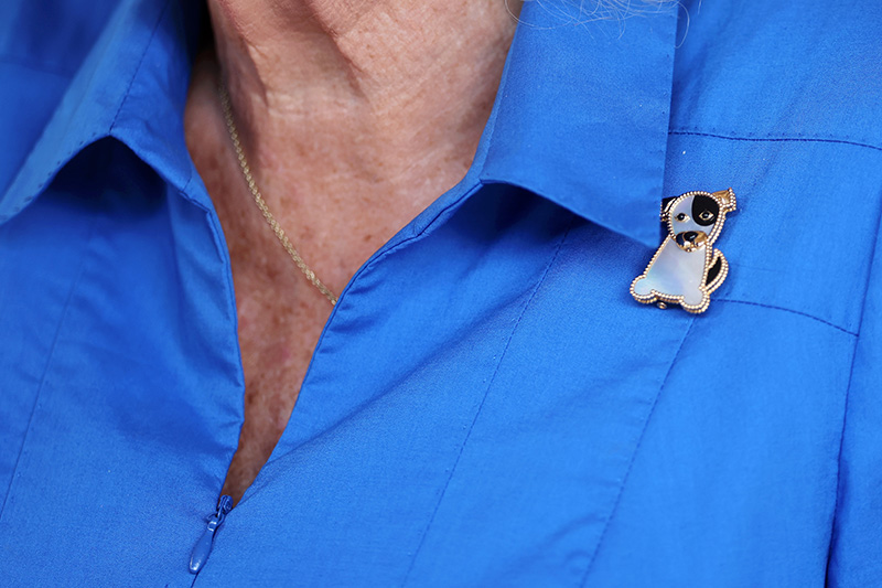 LONDON, ENGLAND - JULY 14: Queen Camilla, brooch detail, during a visit to unveil the new RHS and BBC Radio 2 'Dog Garden', designed by Monty Don at Battersea Dogs & Cats Home on July 14, 2025 in London, England. (Photo by Chris Jackson/Getty Images)