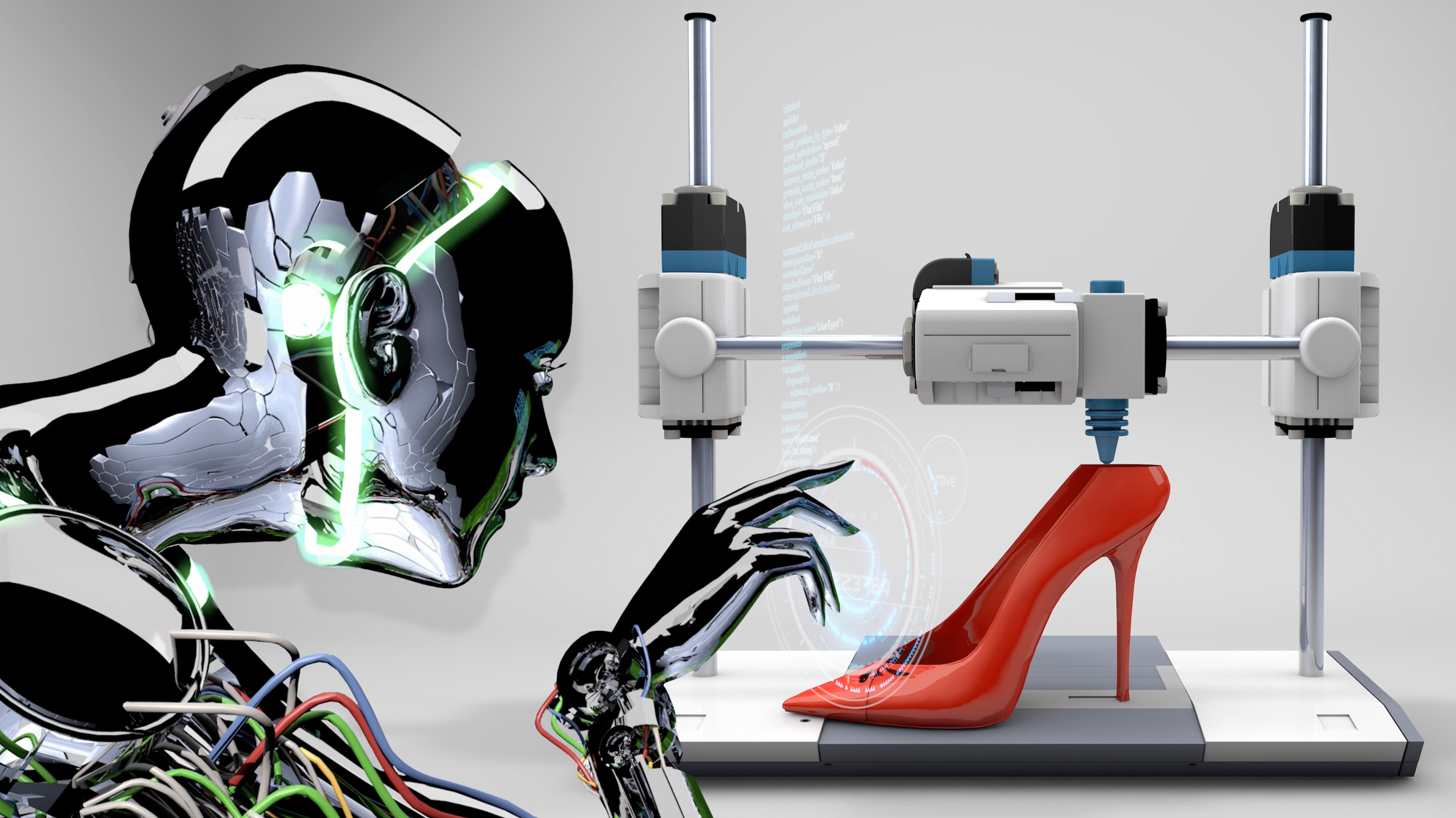 An artificial intelligence robot prints a high heels using a high-tech, super-fast 3D printer. / You can see the animation movie of this image from my iStock video portfolio.