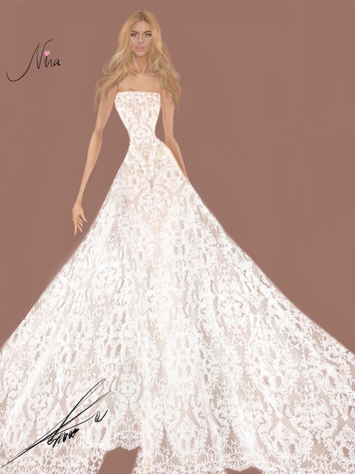 Illustration of Nina Agdal’s Galia Lahav wedding gown