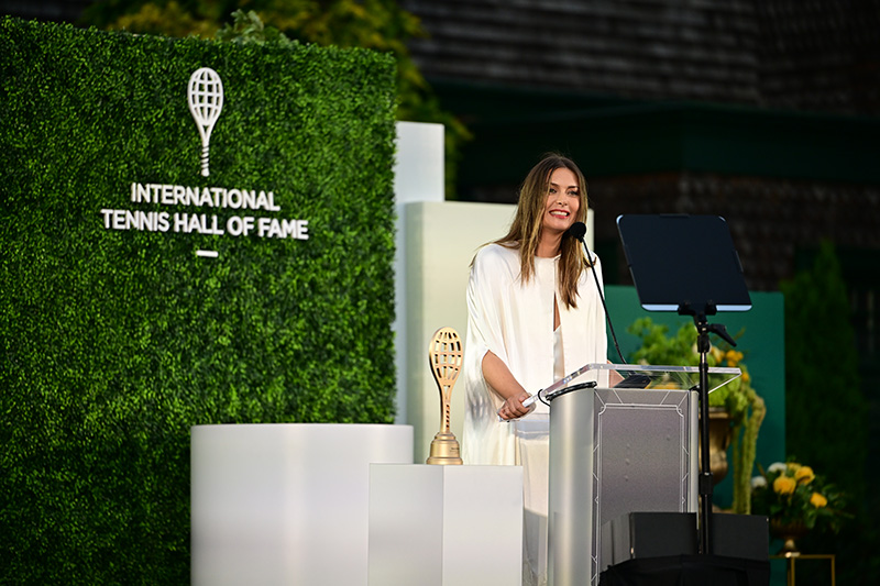 Maria Sharapova wears a custom white Gabriela Hearst look for her induction into the International Tennis Hall of Fame in Newport, RI.