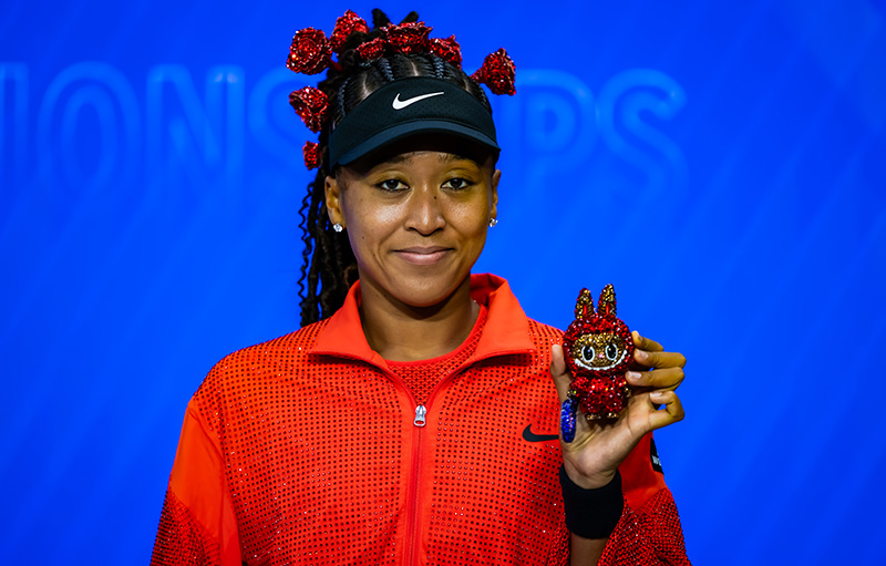 Naomi Osaka shows off her Labubu after her opening round at the US Open 2025 on Aug. 26 in New York City.