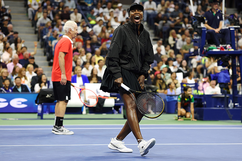 NEW YORK, NEW YORK - AUGUST 21: Venus Williams and John McEnroe react during the Stars of the Open exhibition match ahead of the 2025 US Open at USTA Billie Jean King National Tennis Center on August 21, 2025 in the Queens borough of New York City. (Photo by Sarah Stier/Getty Images)