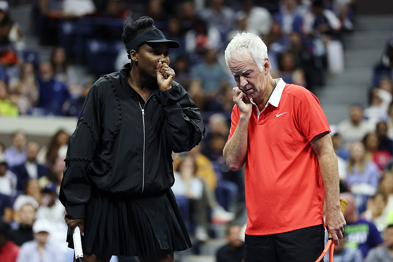 NEW YORK, NEW YORK - AUGUST 21: Venus Williams and John McEnroe react during the Stars of the Open exhibition match ahead of the 2025 US Open at USTA Billie Jean King National Tennis Center on August 21, 2025 in the Queens borough of New York City. (Photo by Sarah Stier/Getty Images)