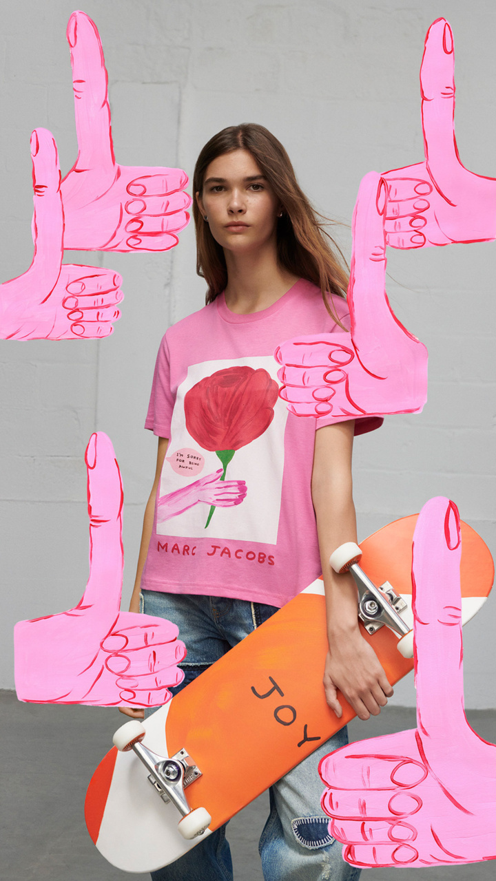 A look from Marc Jacobs limited-edition capsule created in collaboration with renowned artist David Shingrey.