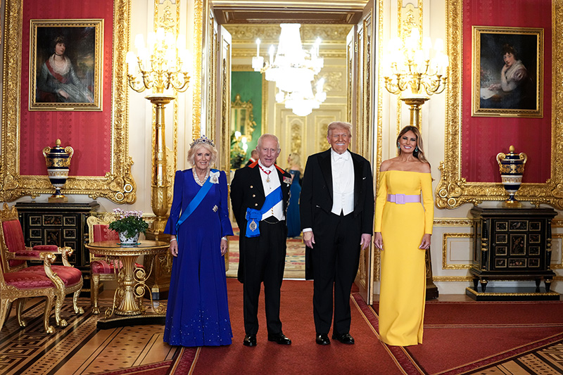 Queen Camilla wears a Fiona Clare gown with Queen Elizabeth II's sapphire and diamond tiara for the State Banquet hosted by King Charles III and members of the Royal Family at Windsor Castle during the state visit by the President of the United States of America on Sept. 17, 2025 in Windsor, England.