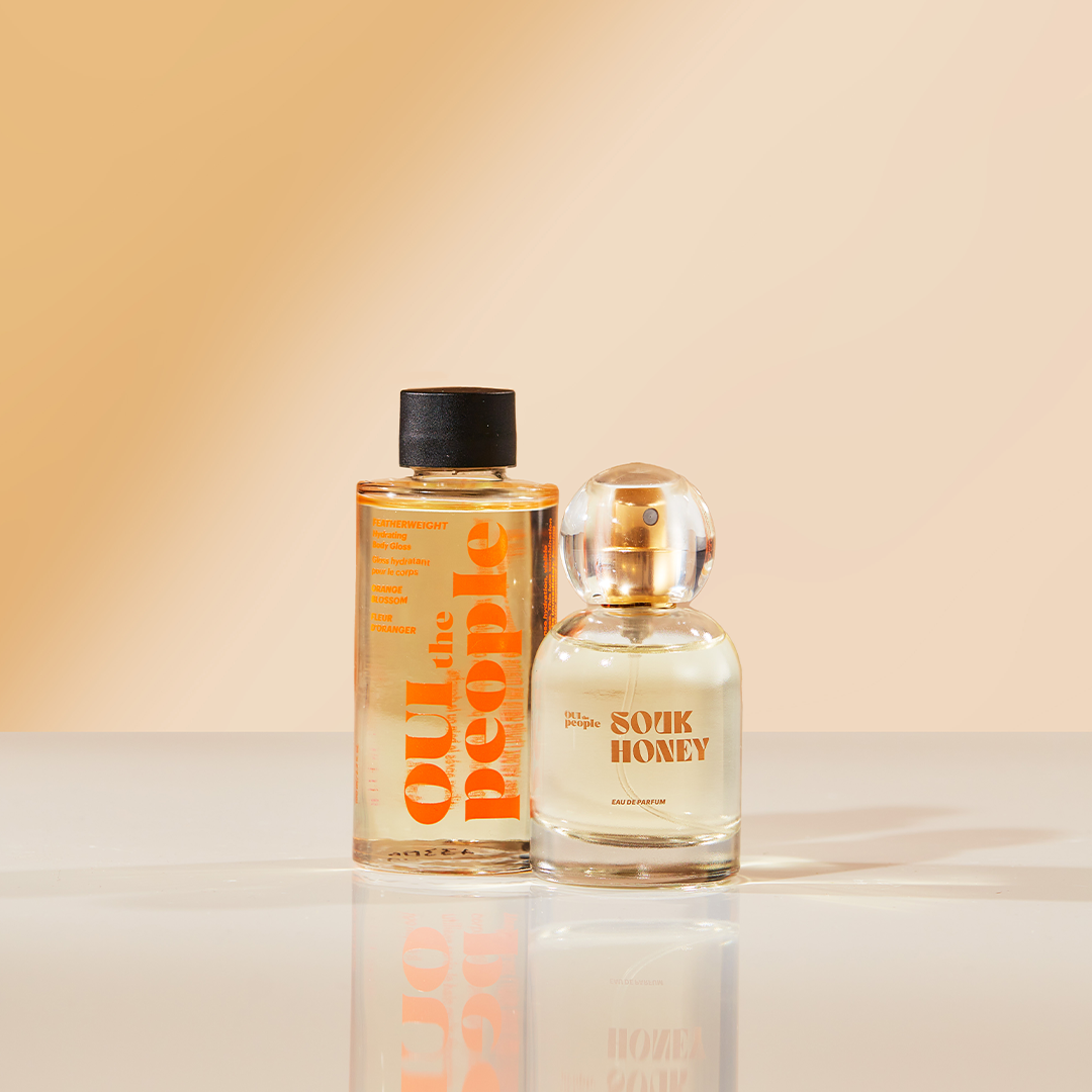 Oui the People's Featherweight Hydrating Body Gloss Oil and Souk Honey Eau de Parfum.