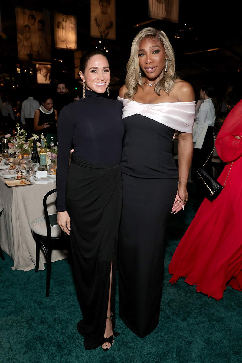 Meghan Markle attends the 2025 Baby2Baby Gala on Nov. 8, 2025 in West Hollywood, Calif., wearing a black turtleneck and coordinated skirt with a thigh-high slit, along with Aquazzura shoes and earrings.