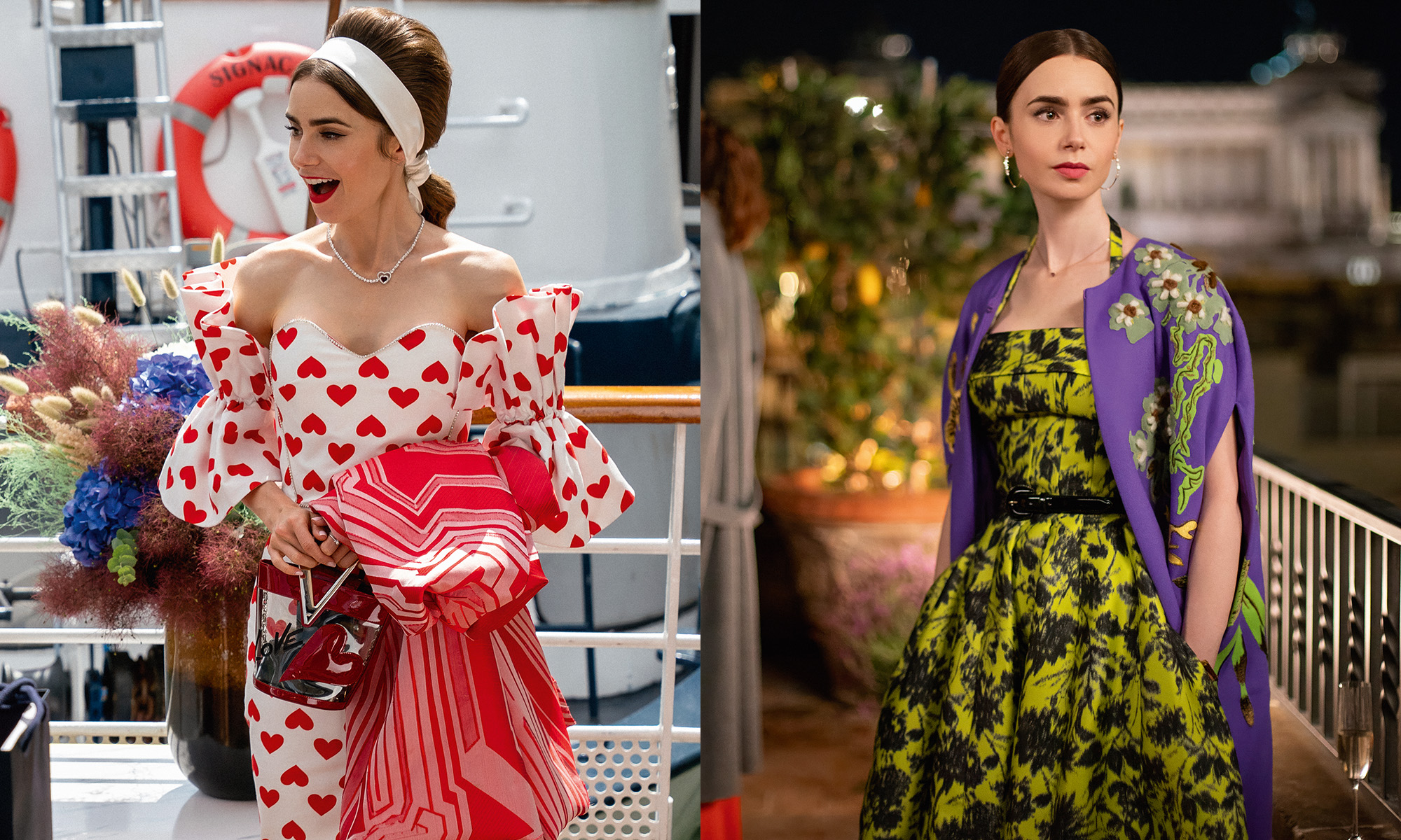 two emily in paris tv show looks on actress lily collins — she's wearing a heart-printed gown in the left-side image and a green-colored one, complete with a valentino cape, in the right one