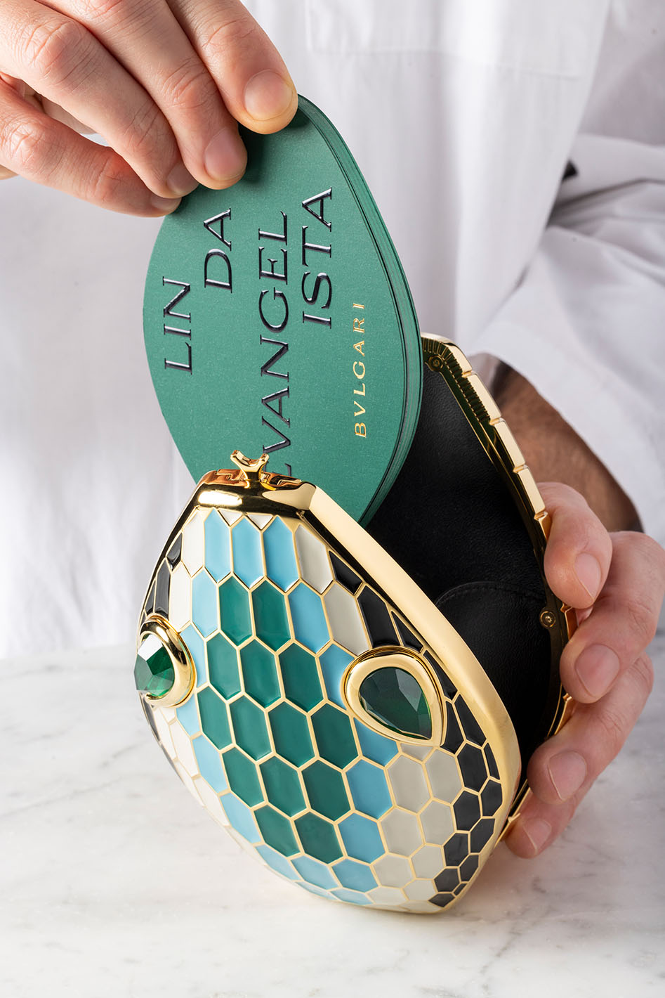The Serpenti design, part of the Bulgari Icons Minaudière collection.