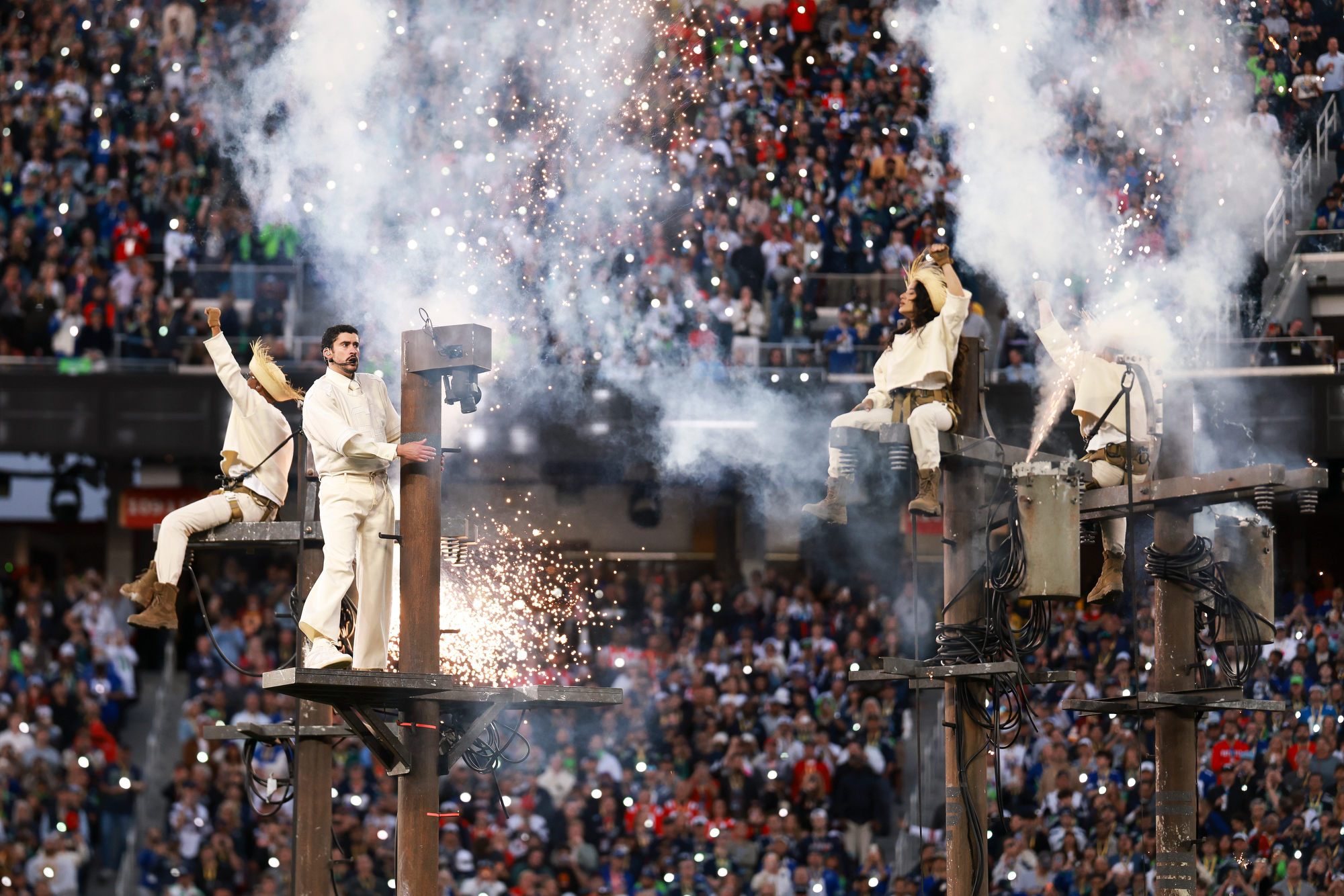 Bad Bunny performs during halftime of Super Bowl LX between the New England Patriots and the Seattle Seahawks at Levi's Stadium on February 08, 2026 in Santa Clara, California.
